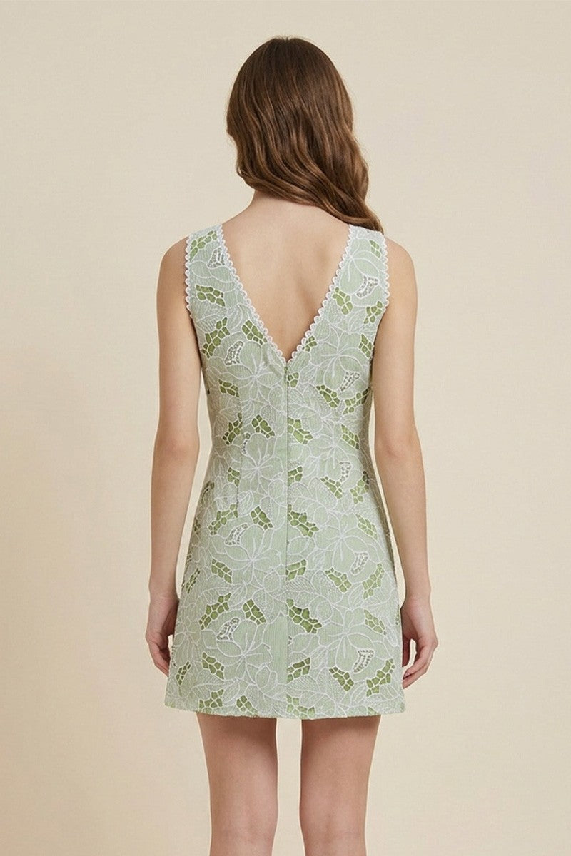 Embroidered Stripe Eyelet V Neck Mini Dress