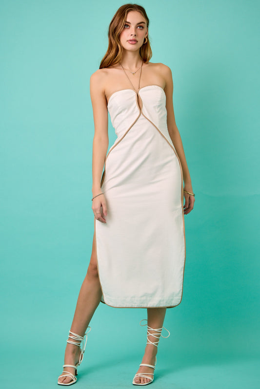 Halter Neck Cutout Midi Dress with Contrast Piping