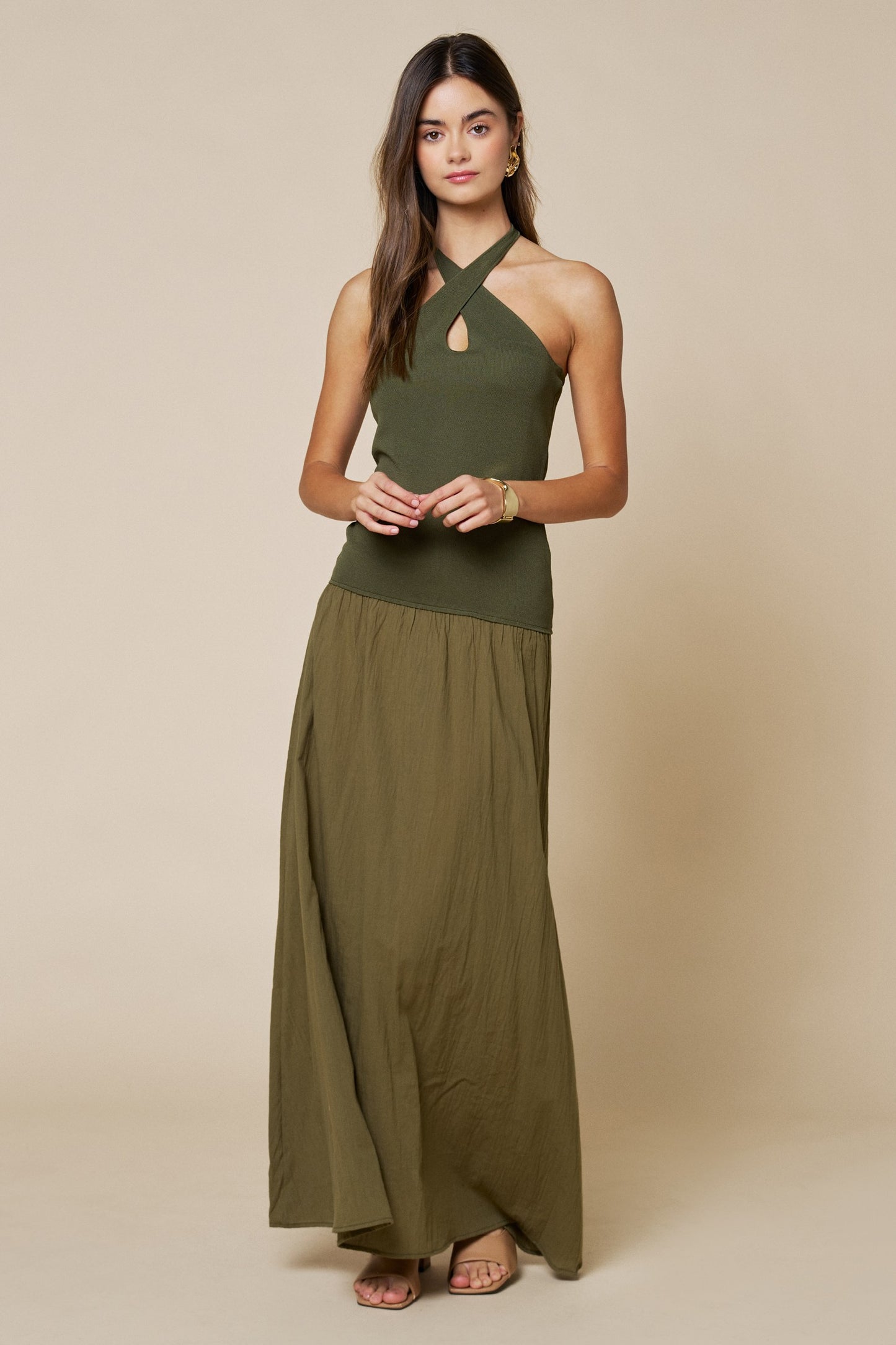 Crisscross Halter Contrast Knit & Woven Maxi Dress