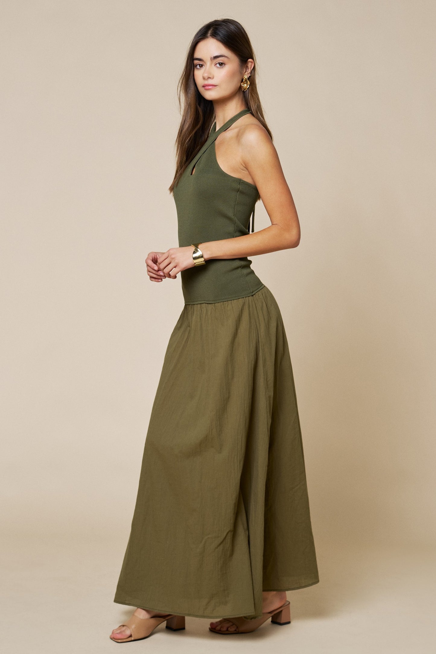 Crisscross Halter Contrast Knit & Woven Maxi Dress