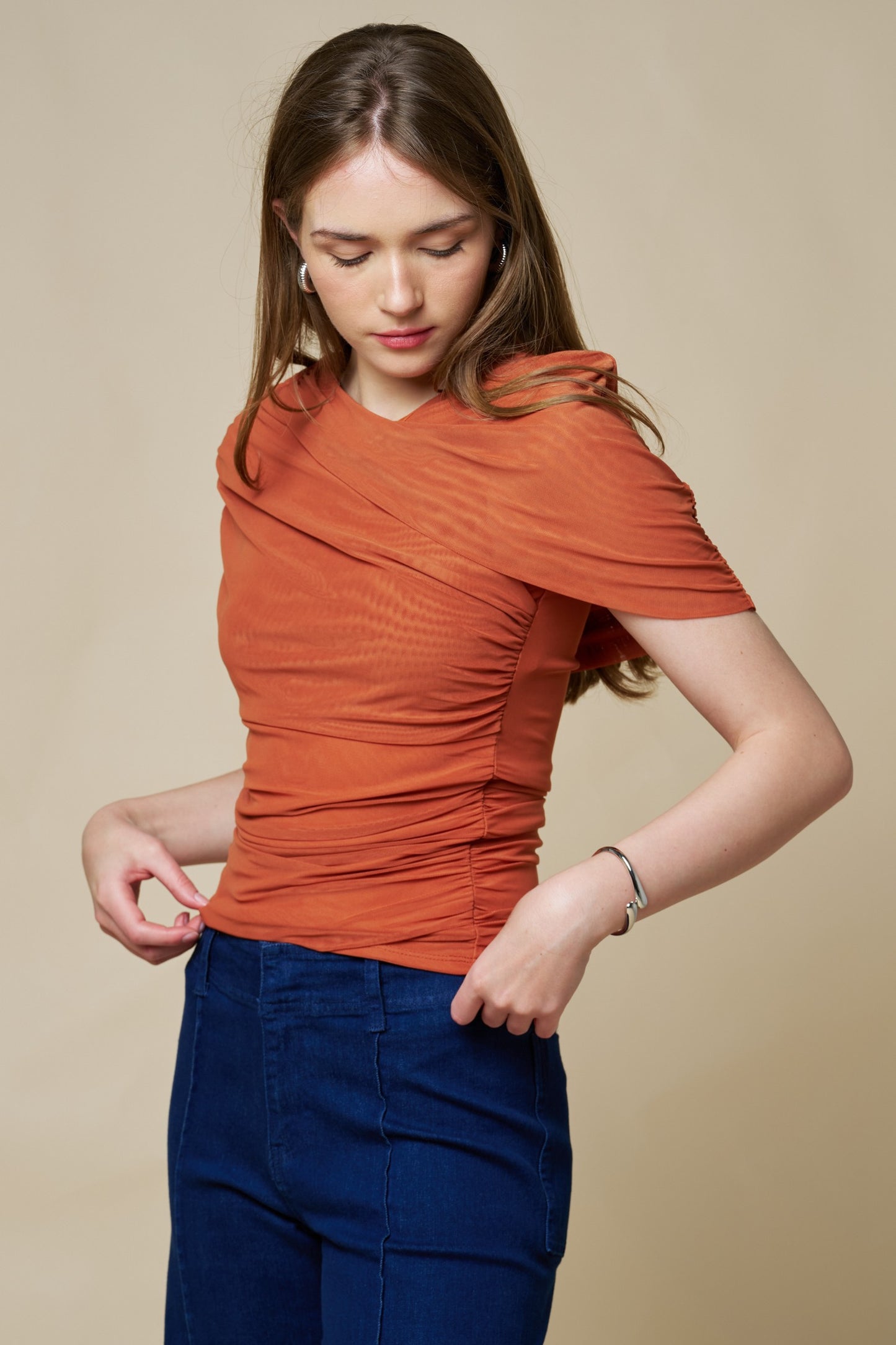 Asymmetrical Ruched Mesh Top