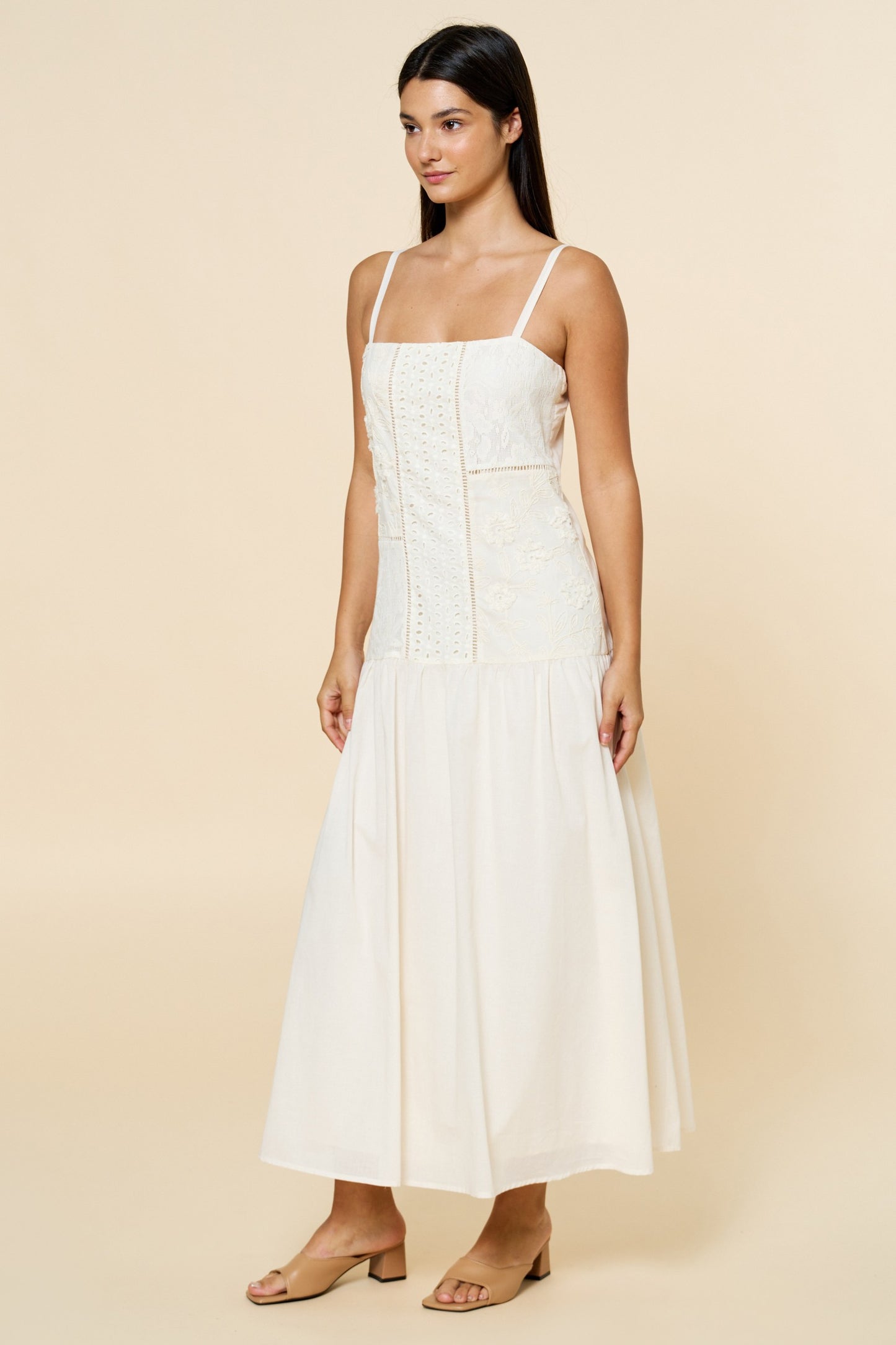 Floral Embroidered Drop Waist Maxi Dress