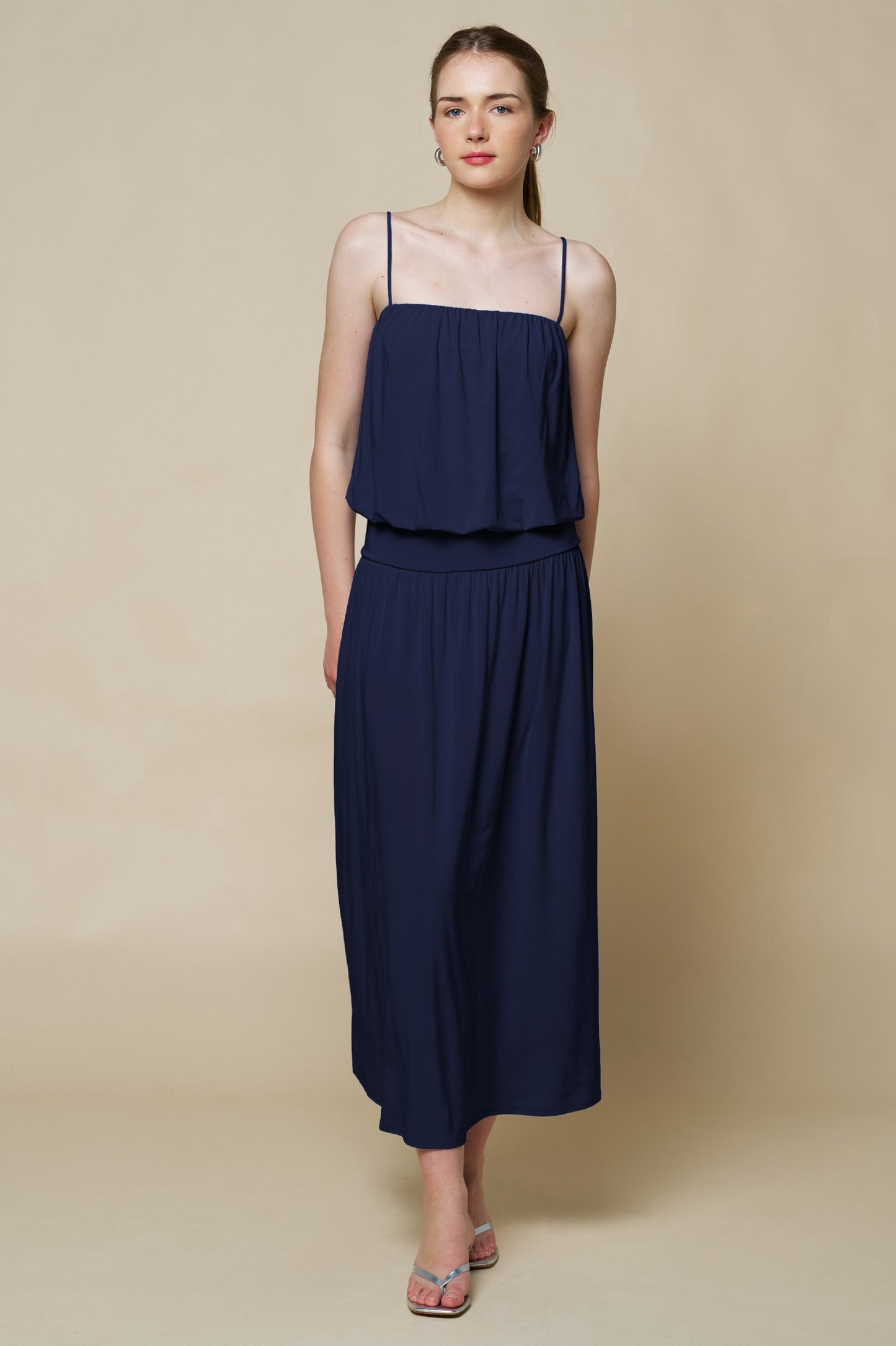 Bubble Hem Adjustable Straps Flowy Maxi Dress