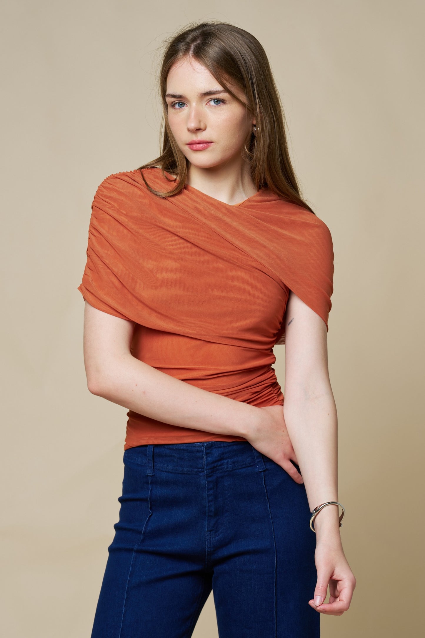 Asymmetrical Ruched Mesh Top