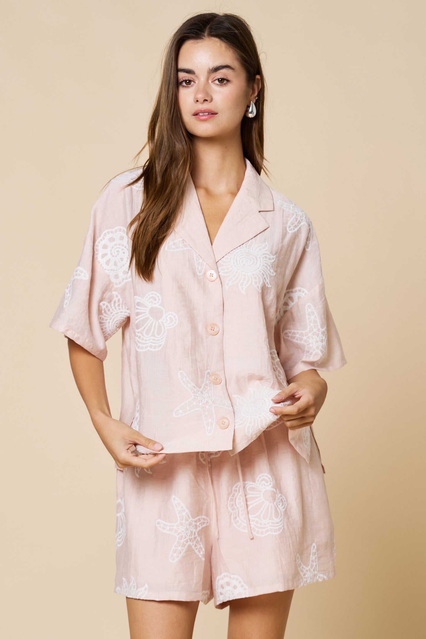 Beach Motif Embroidery Collared Top