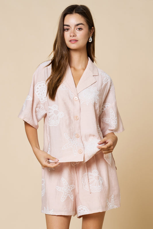 Beach Motif Embroidery Collared Top