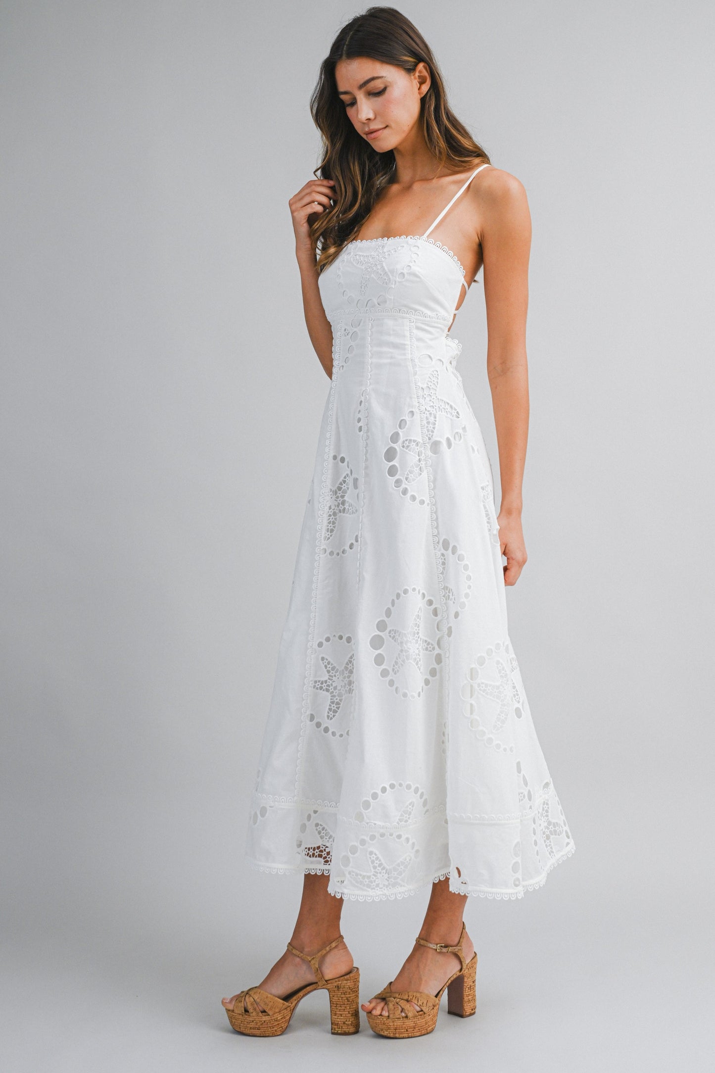 Nautical Eyelet Spaghetti Strap Open Back Dress