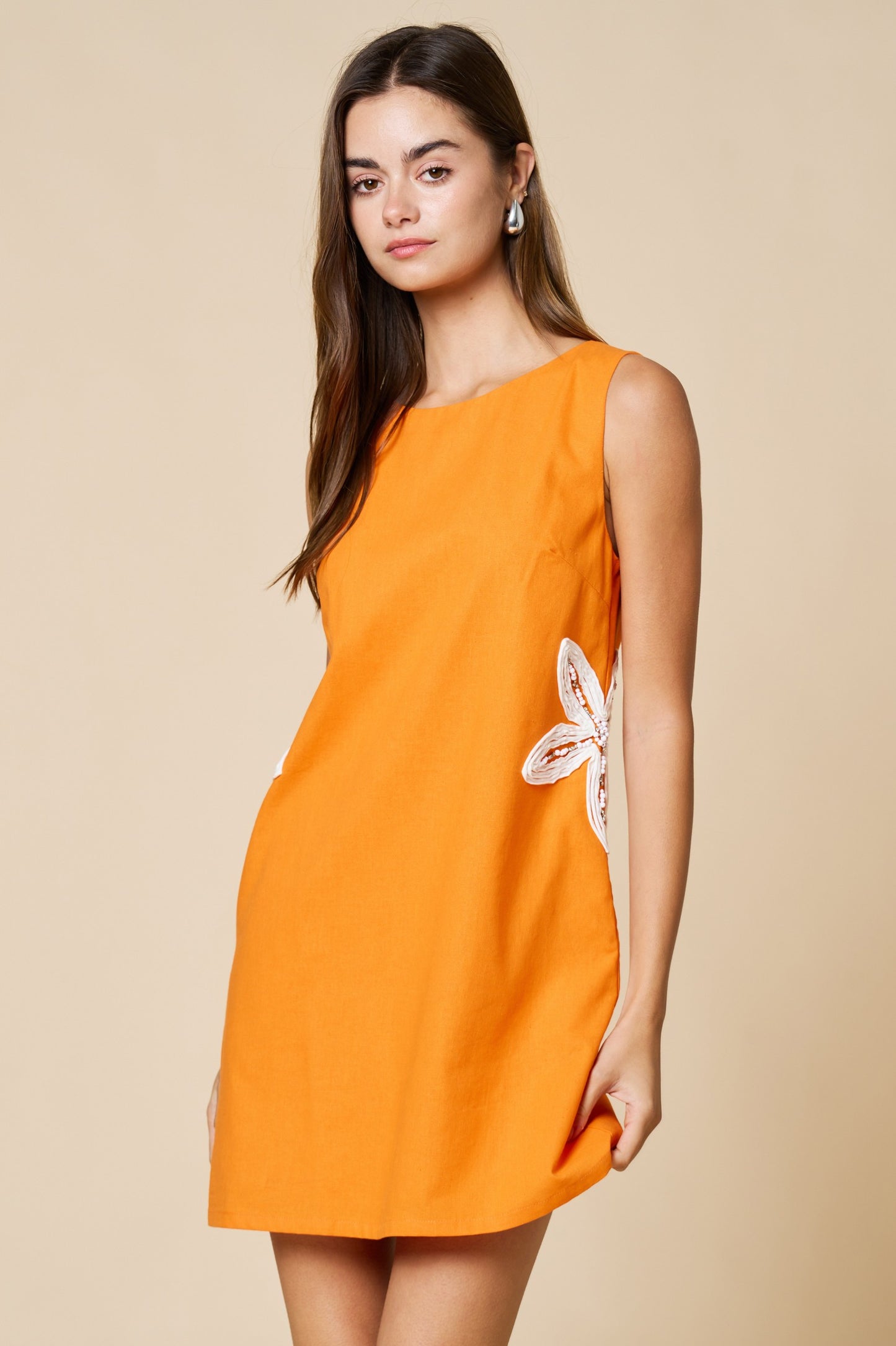 Embroidered Beaded Flower Detail Mini Dress
