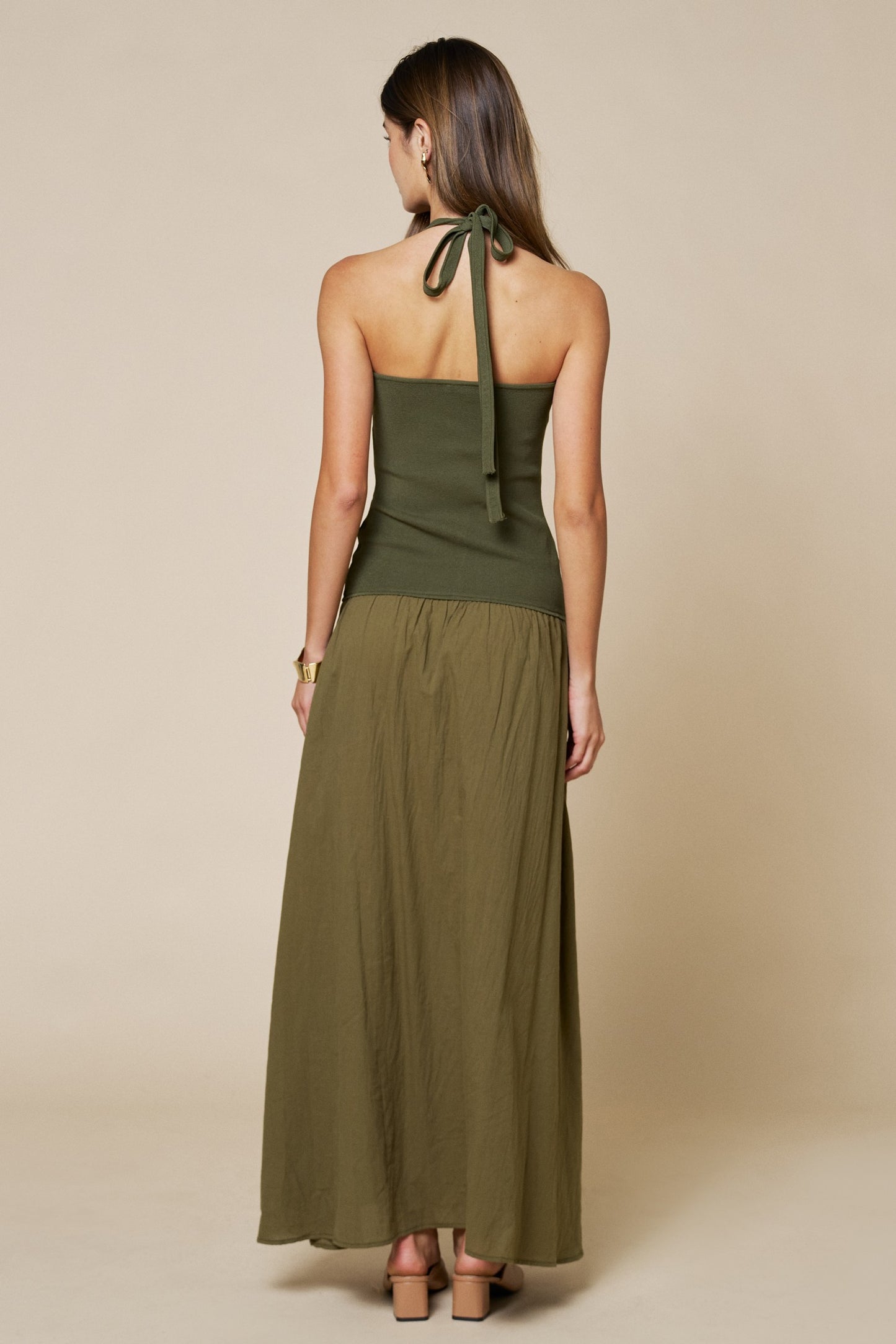 Crisscross Halter Contrast Knit & Woven Maxi Dress