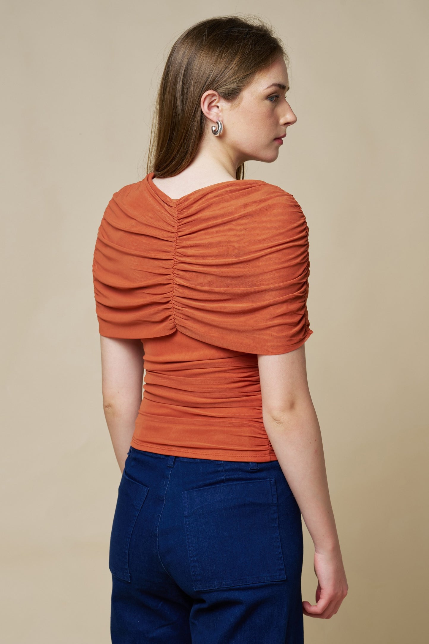 Asymmetrical Ruched Mesh Top