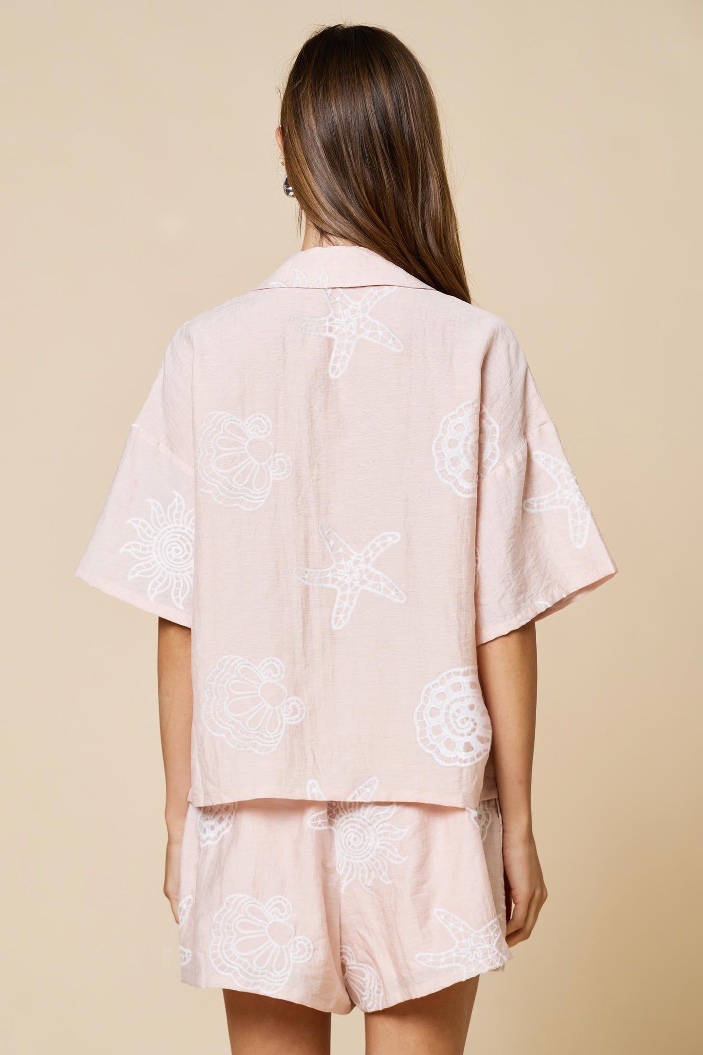 Beach Motif Embroidery Collared Top