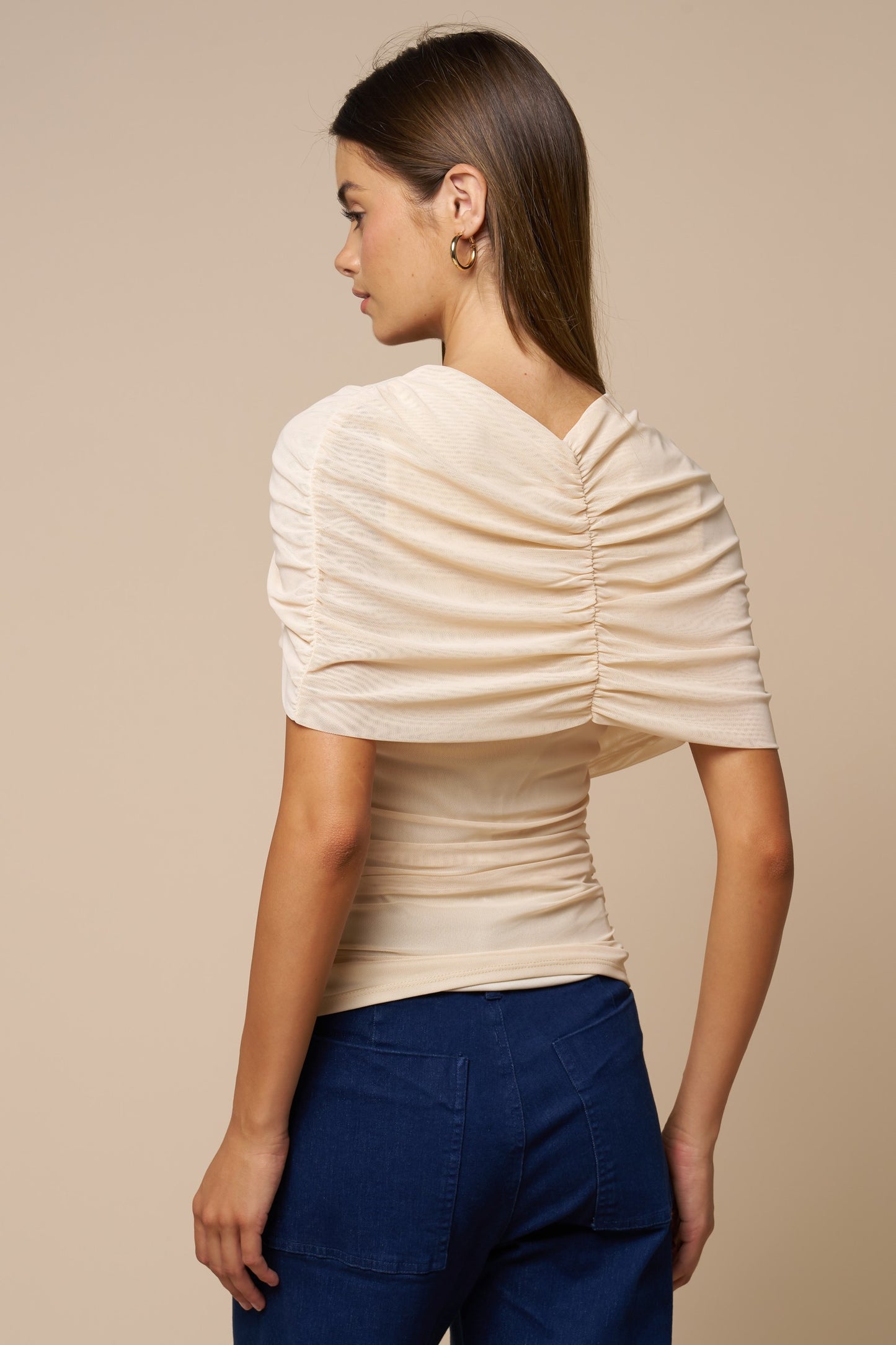 Asymmetrical Ruched Mesh Top