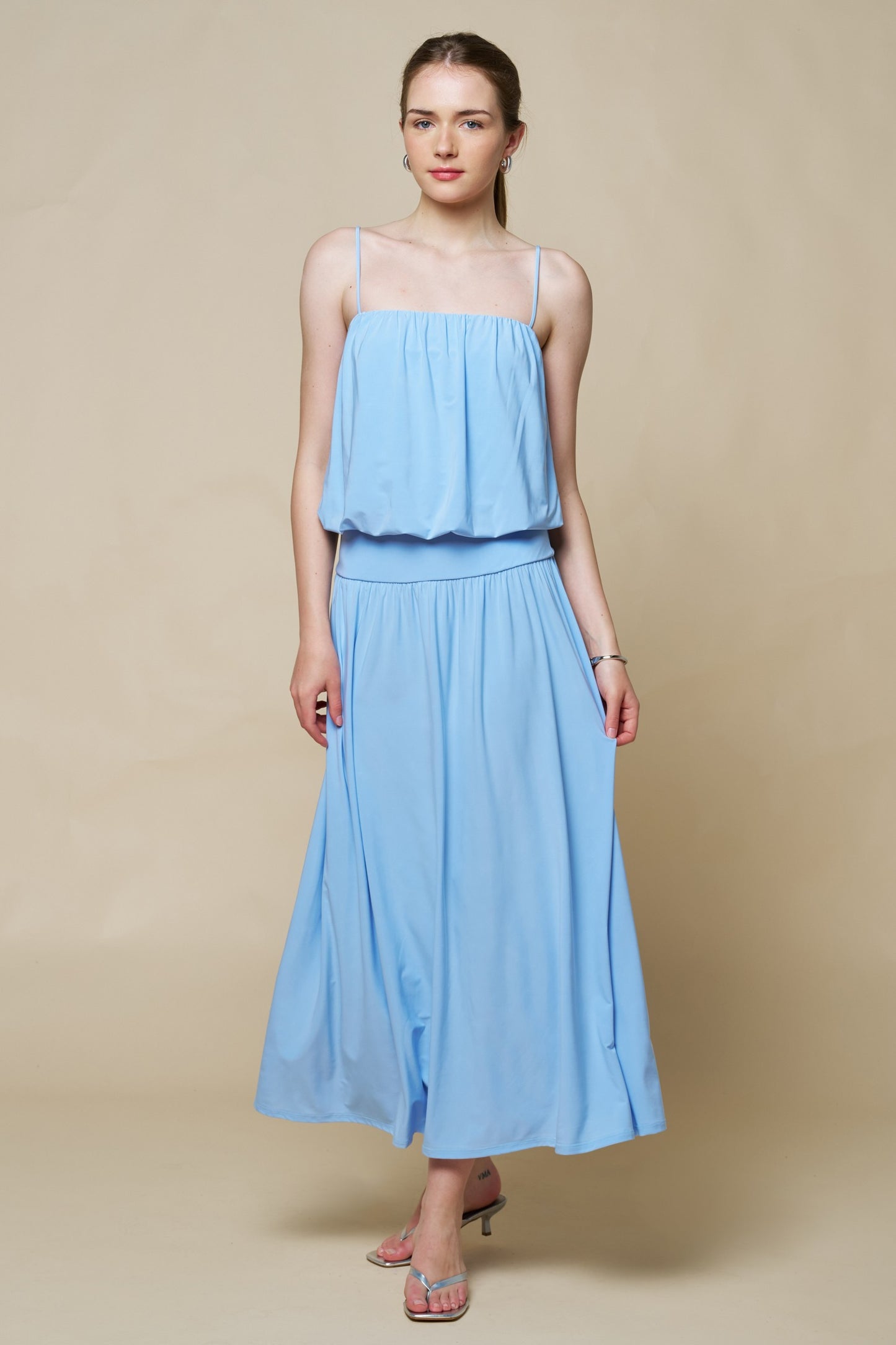 Bubble Hem Adjustable Straps Flowy Maxi Dress
