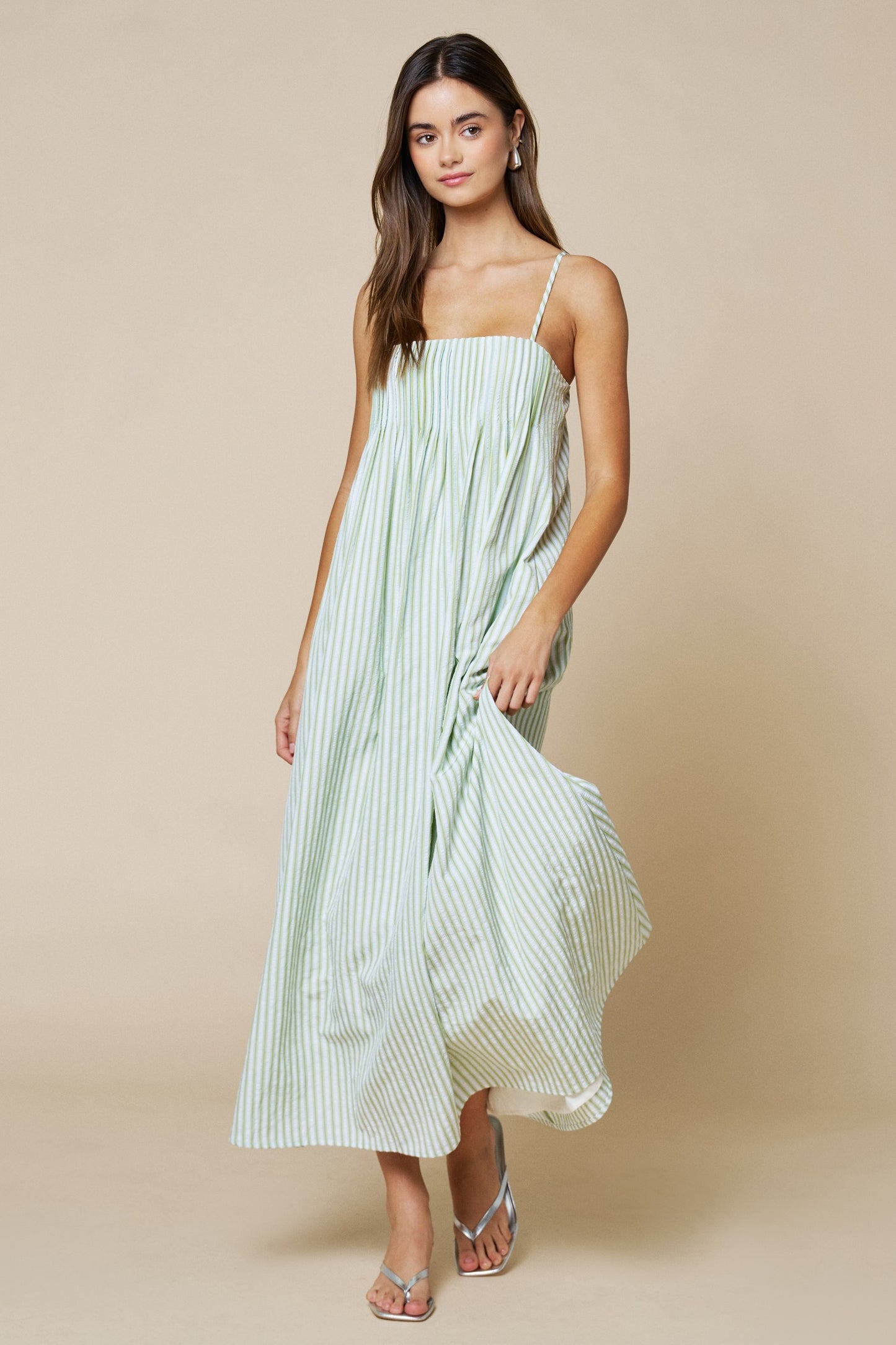 Stripe Print Pleated Spaghetti Straps Maxi Dress
