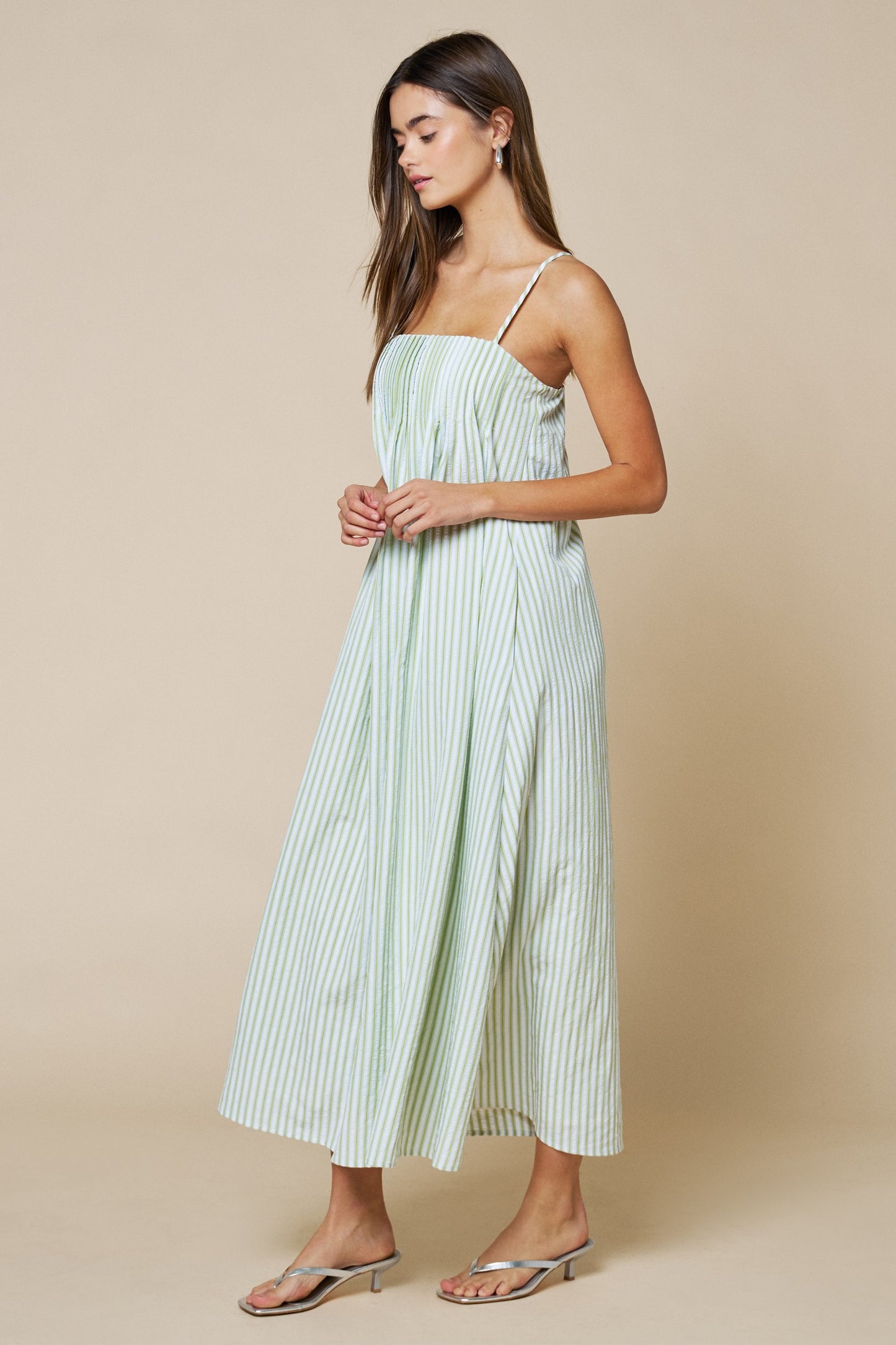 Stripe Print Pleated Spaghetti Straps Maxi Dress