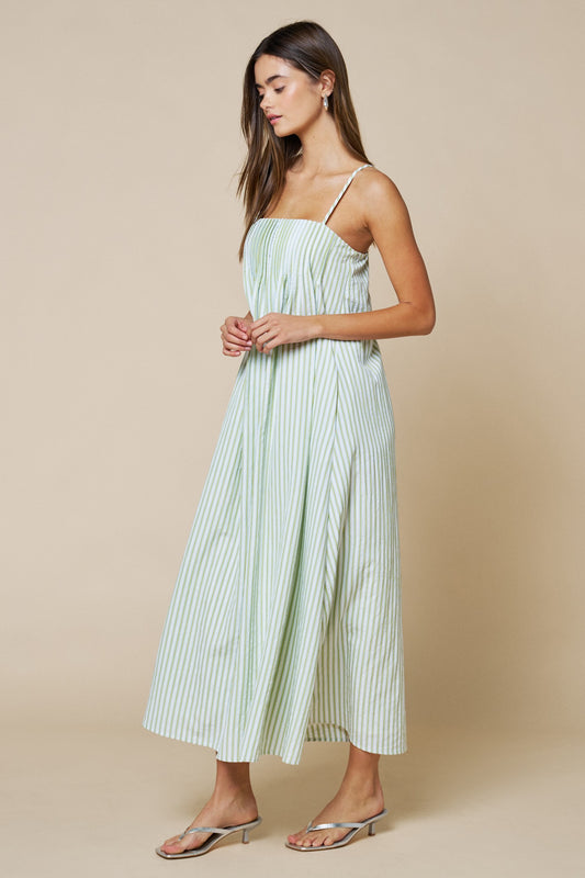 Stripe Print Pleated Spaghetti Straps Maxi Dress
