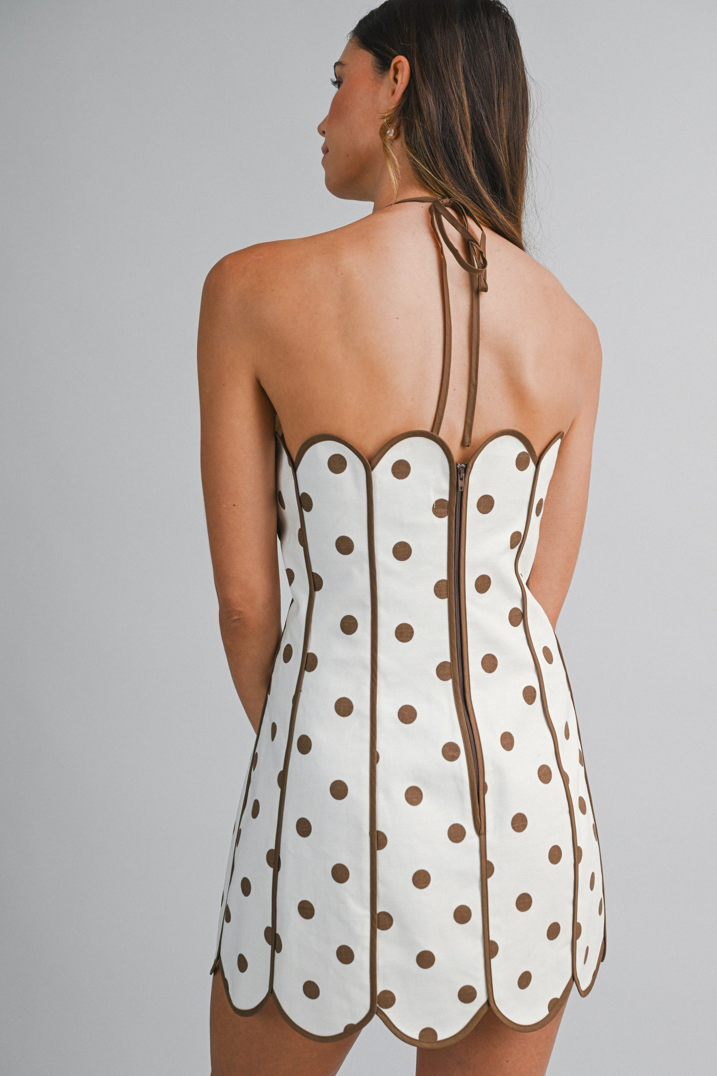 Strapless Polka Dot Halter Neck Back Tie Scalloped Mini Dres