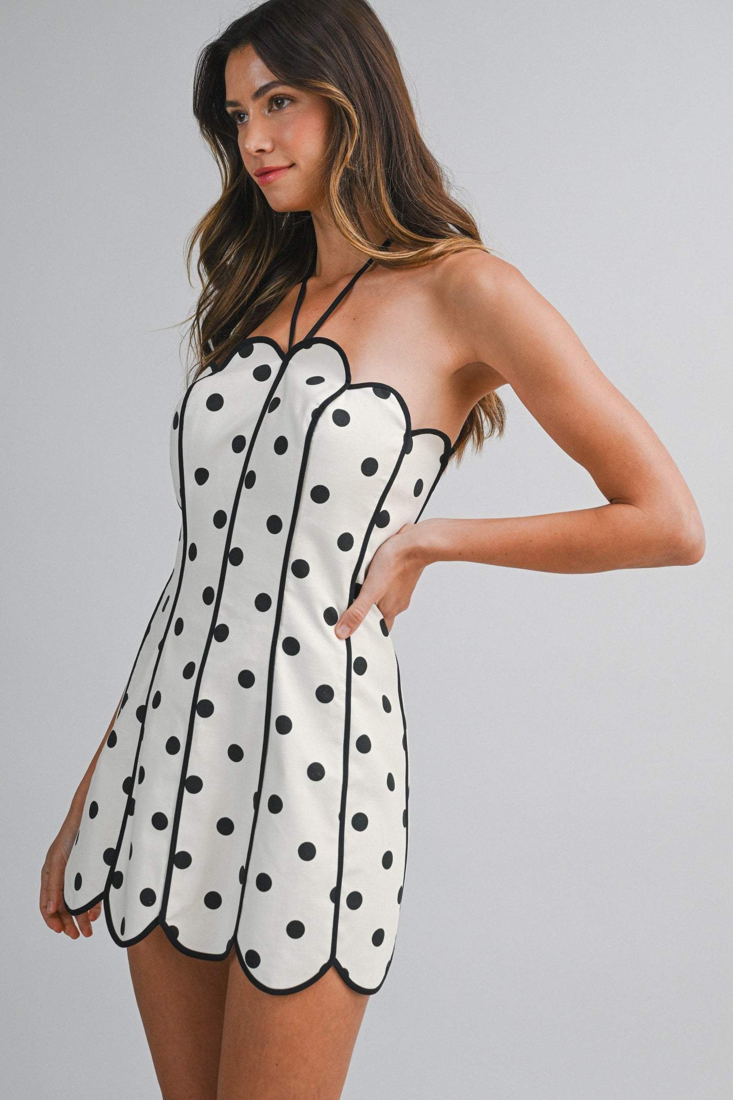 Strapless Polka Dot Halter Neck Back Tie Scalloped Mini Dres