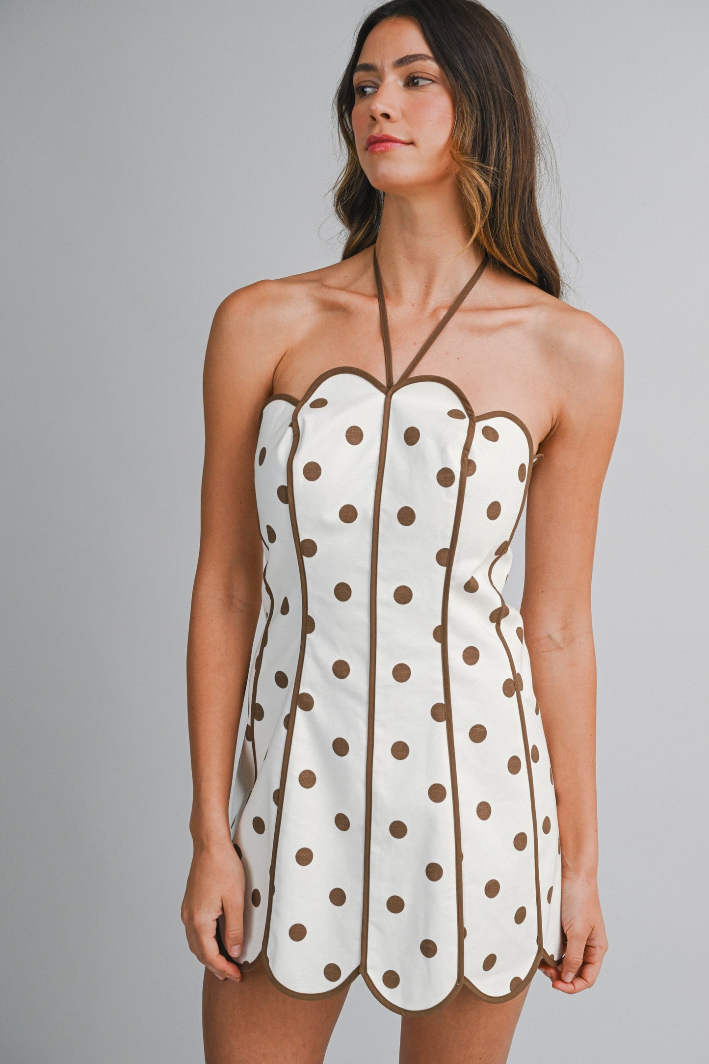 Strapless Polka Dot Halter Neck Back Tie Scalloped Mini Dres