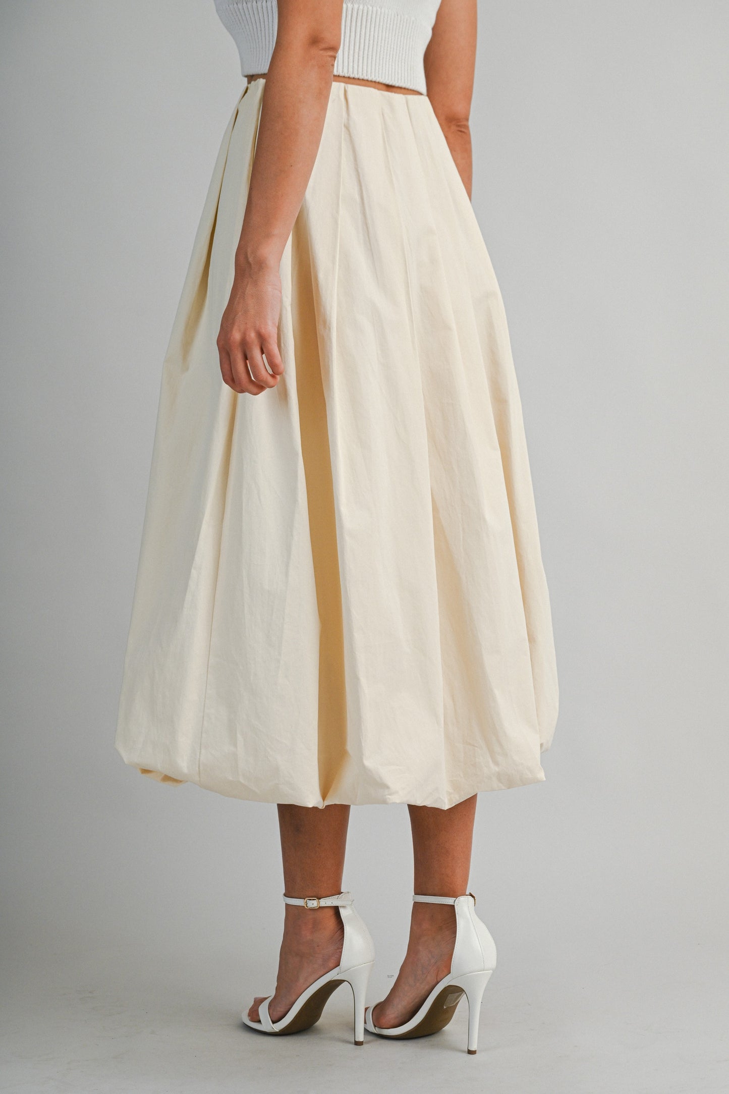 Solid Front Pleats Bubble Hem Midi A Line Skirt