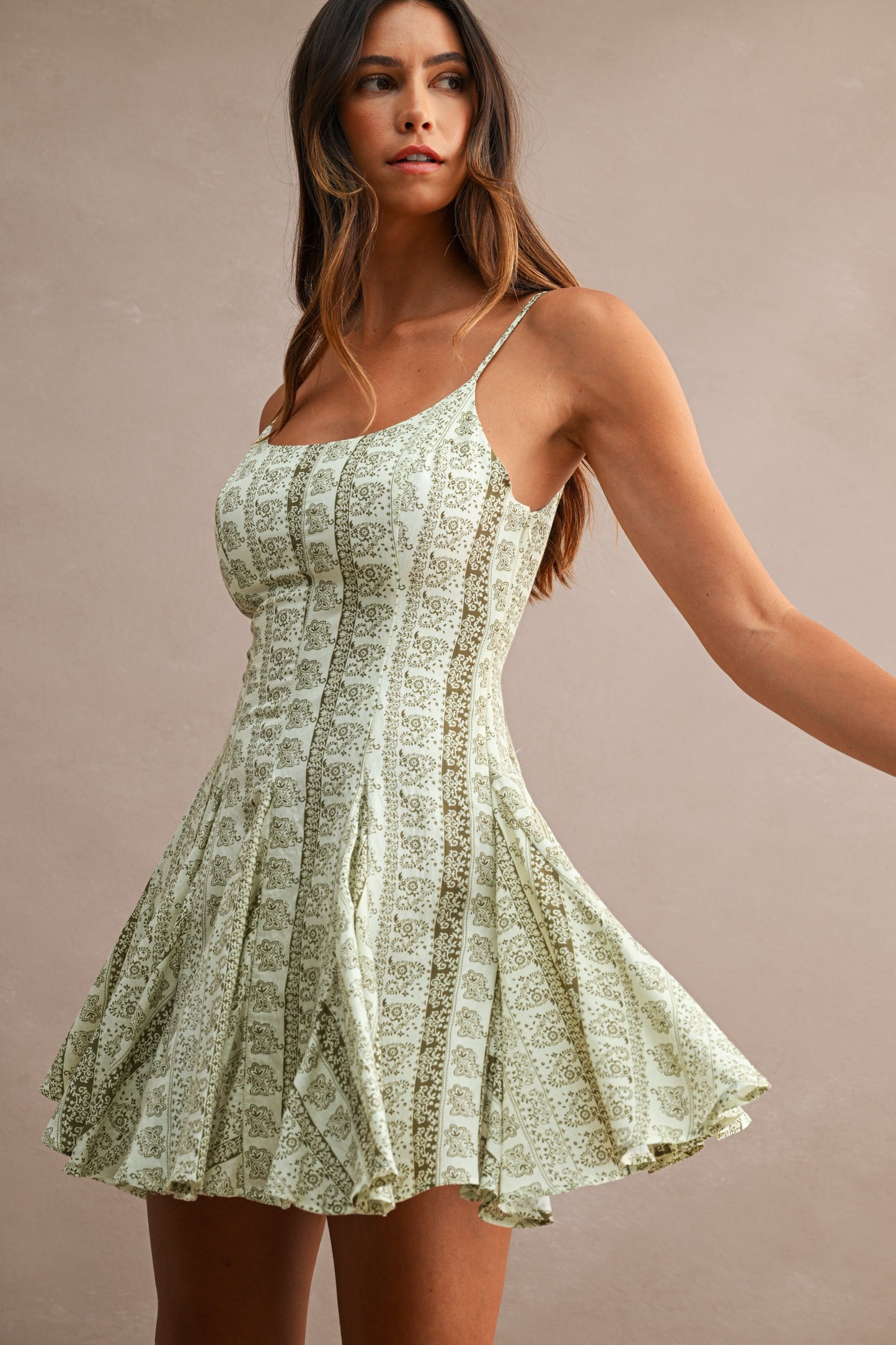 Floral Paisley Printed Adjustable Spahgetti Strap Mini Dress