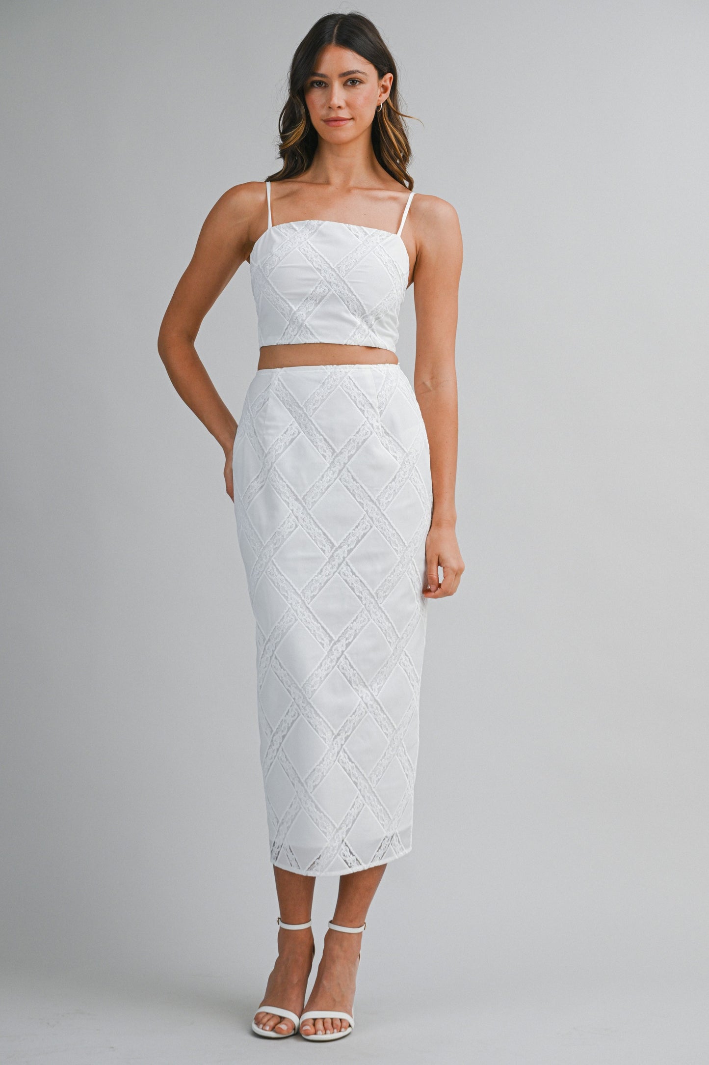 Diamond Pattern Lace Trim Midi Skirt