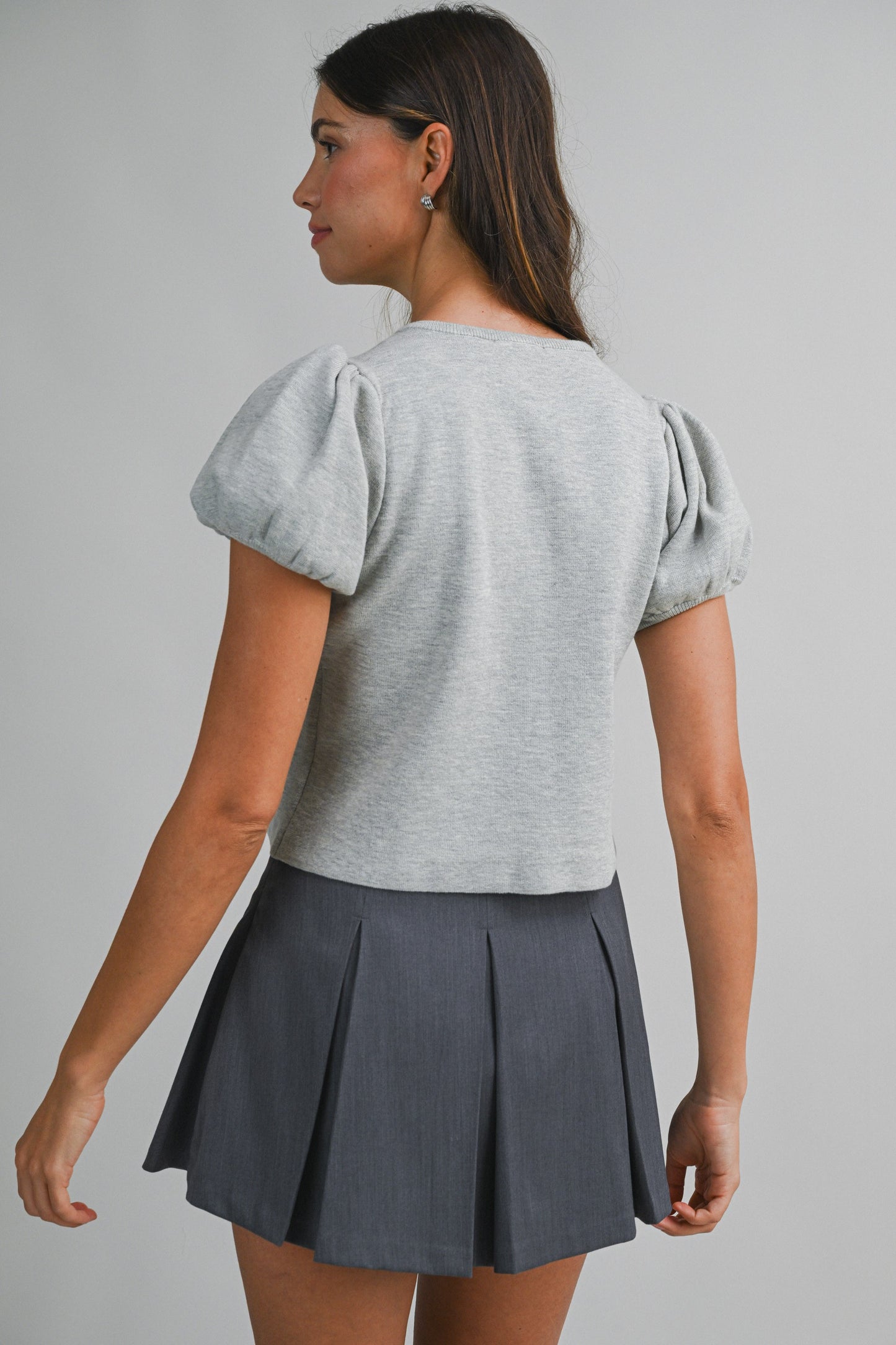Embroidered Short Puff Sleeve Button Down Knit Top