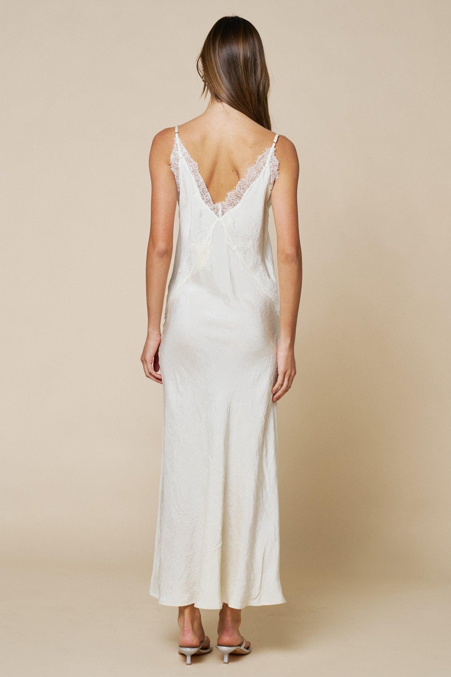 Lace Contrast V Neck Maxi Slip Dress W/ Spaghetti Straps