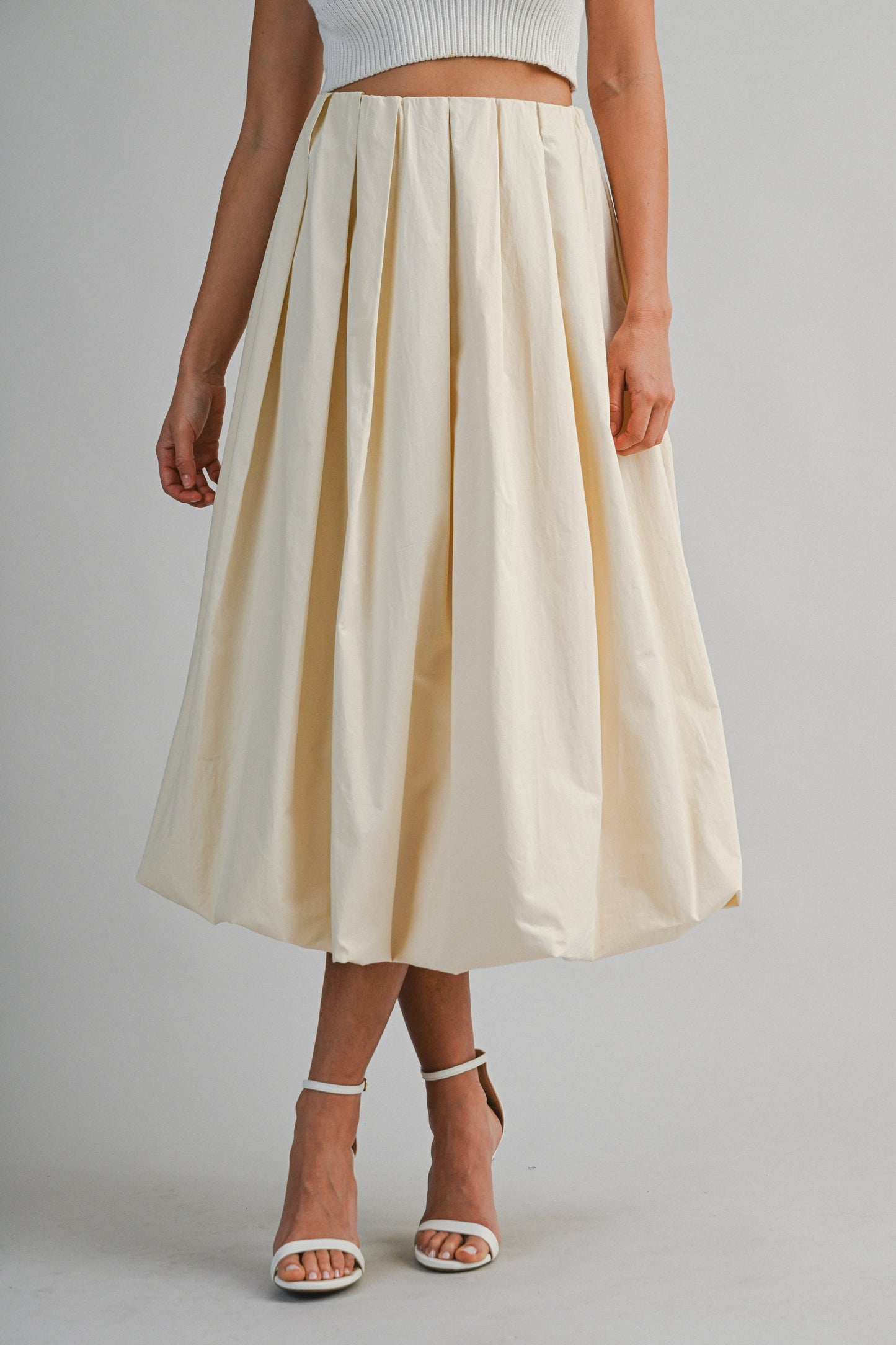 Solid Front Pleats Bubble Hem Midi A Line Skirt