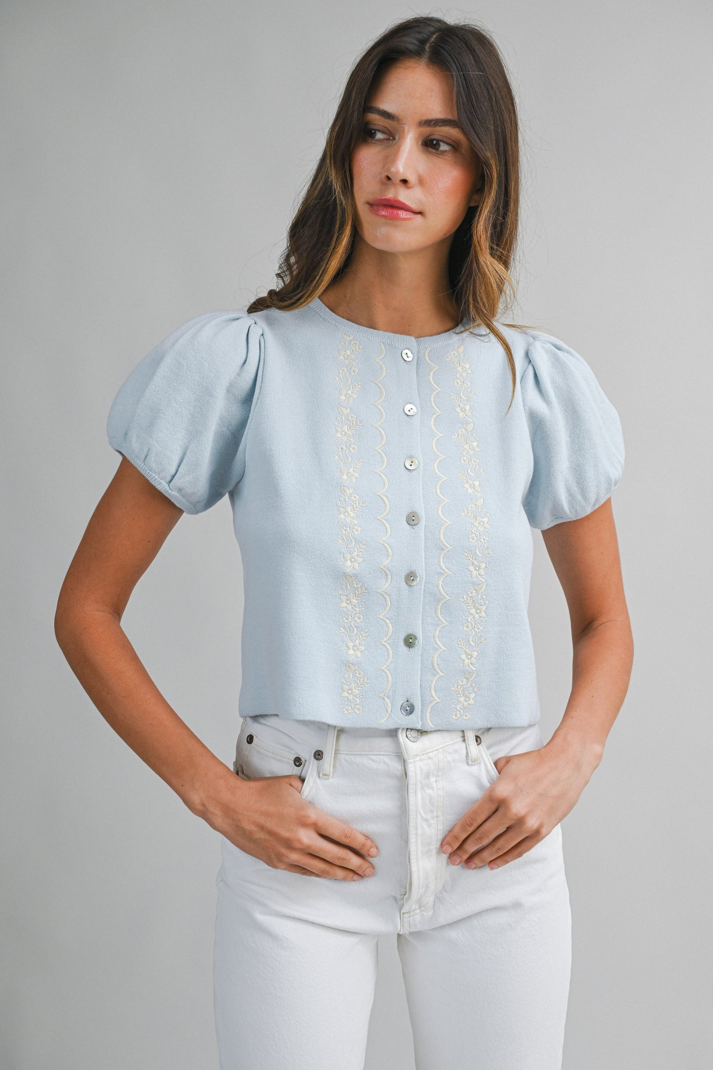 Embroidered Short Puff Sleeve Button Down Knit Top