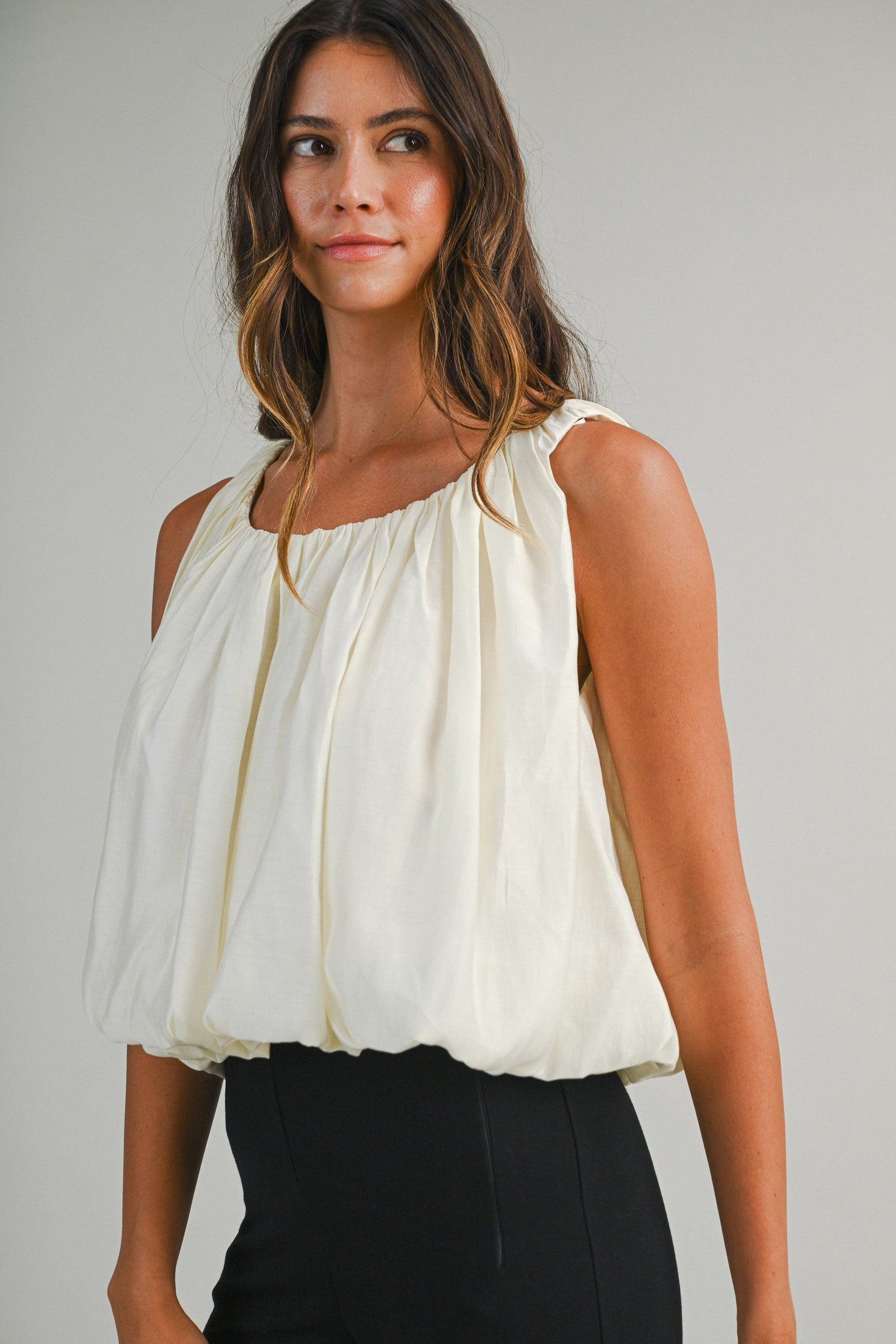 Solid Sleeveless Gathered Neck Bubble Hem Top