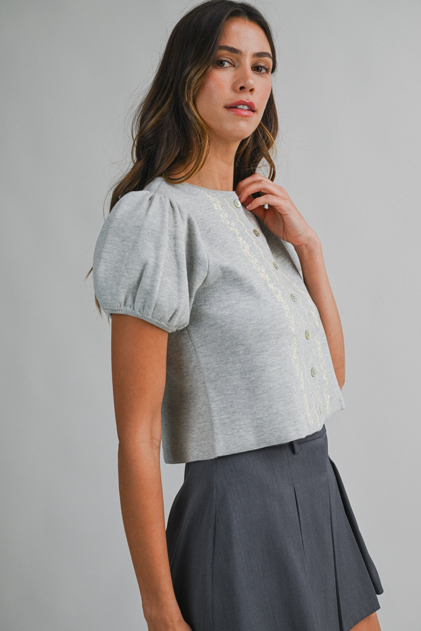 Embroidered Short Puff Sleeve Button Down Knit Top