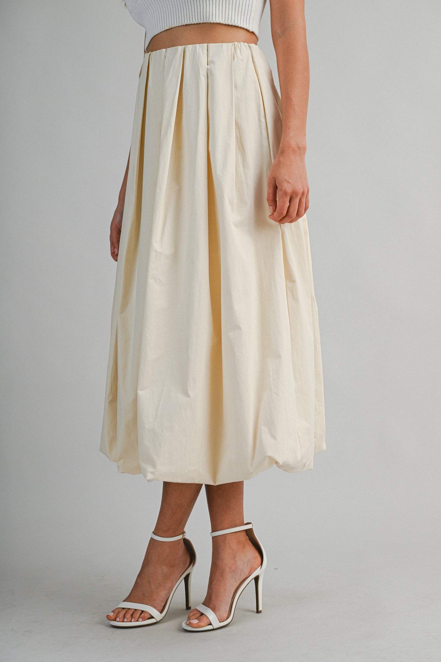 Solid Front Pleats Bubble Hem Midi A Line Skirt
