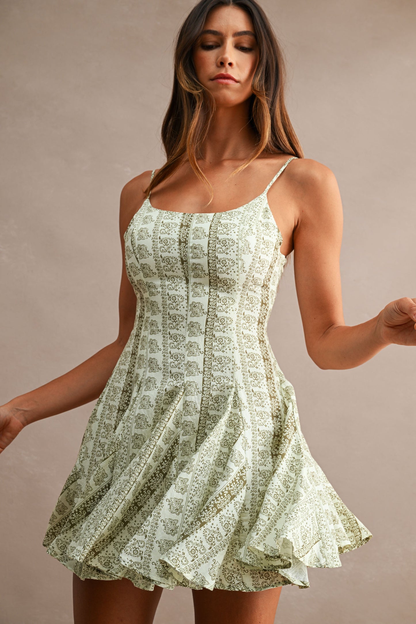 Floral Paisley Printed Adjustable Spahgetti Strap Mini Dress