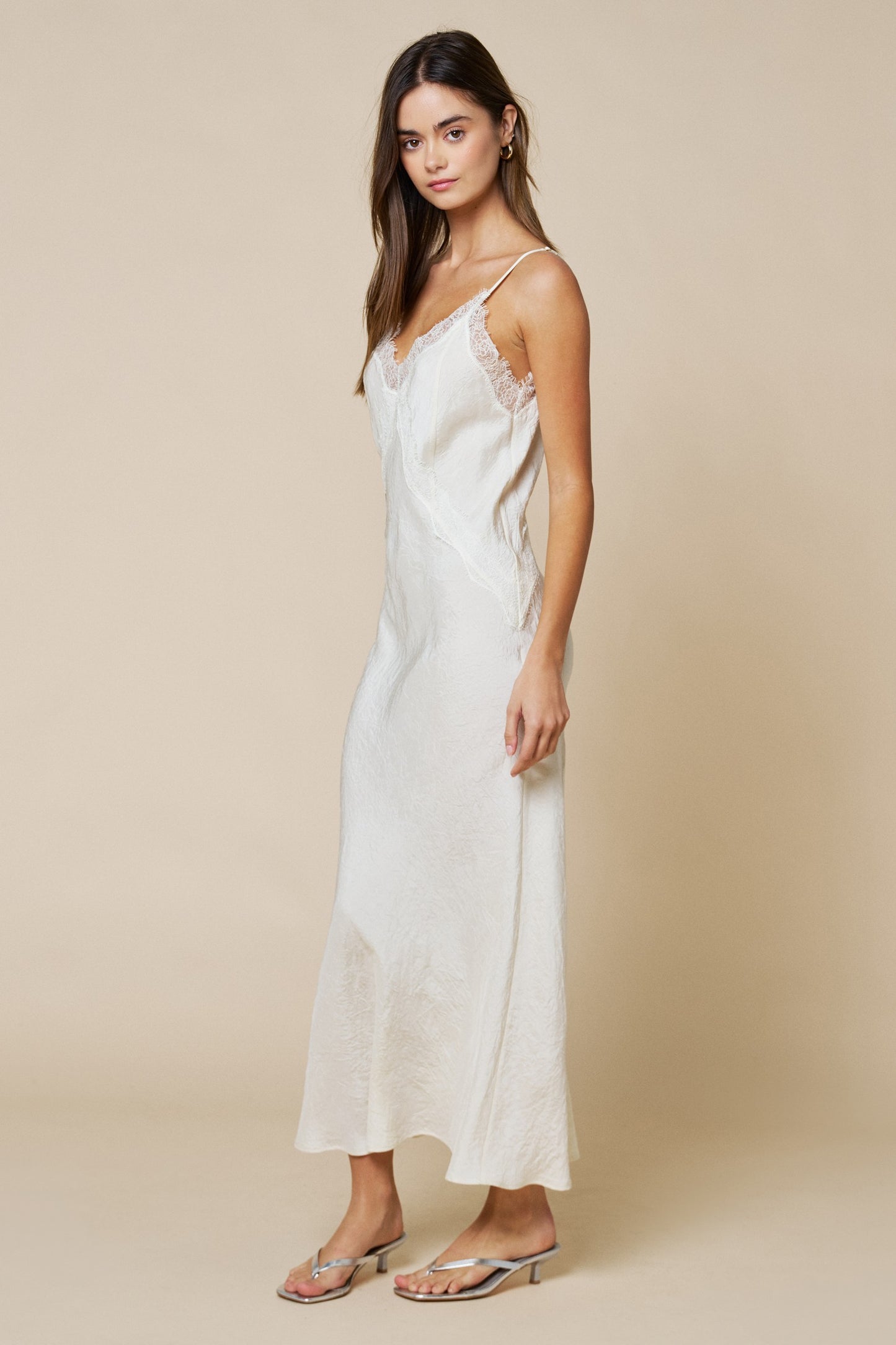 Lace Contrast V Neck Maxi Slip Dress W/ Spaghetti Straps