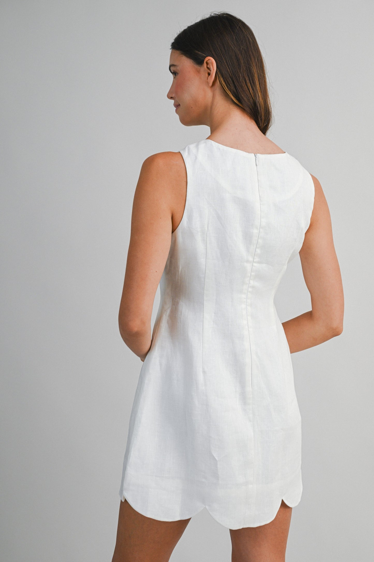 Linen Mini Dress With Scallop Hem