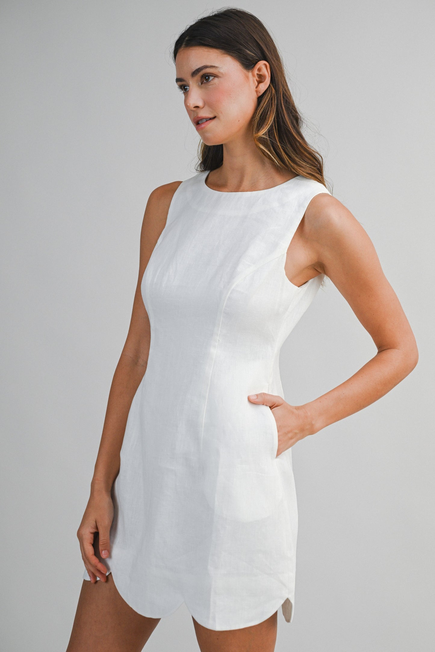 Linen Mini Dress With Scallop Hem