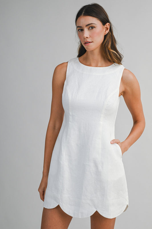 Linen Mini Dress With Scallop Hem