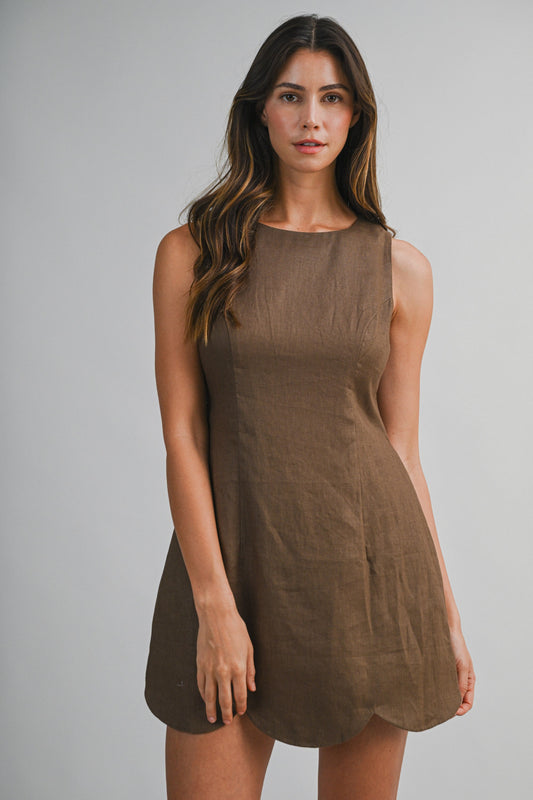Linen Mini Dress With Scallop Hem
