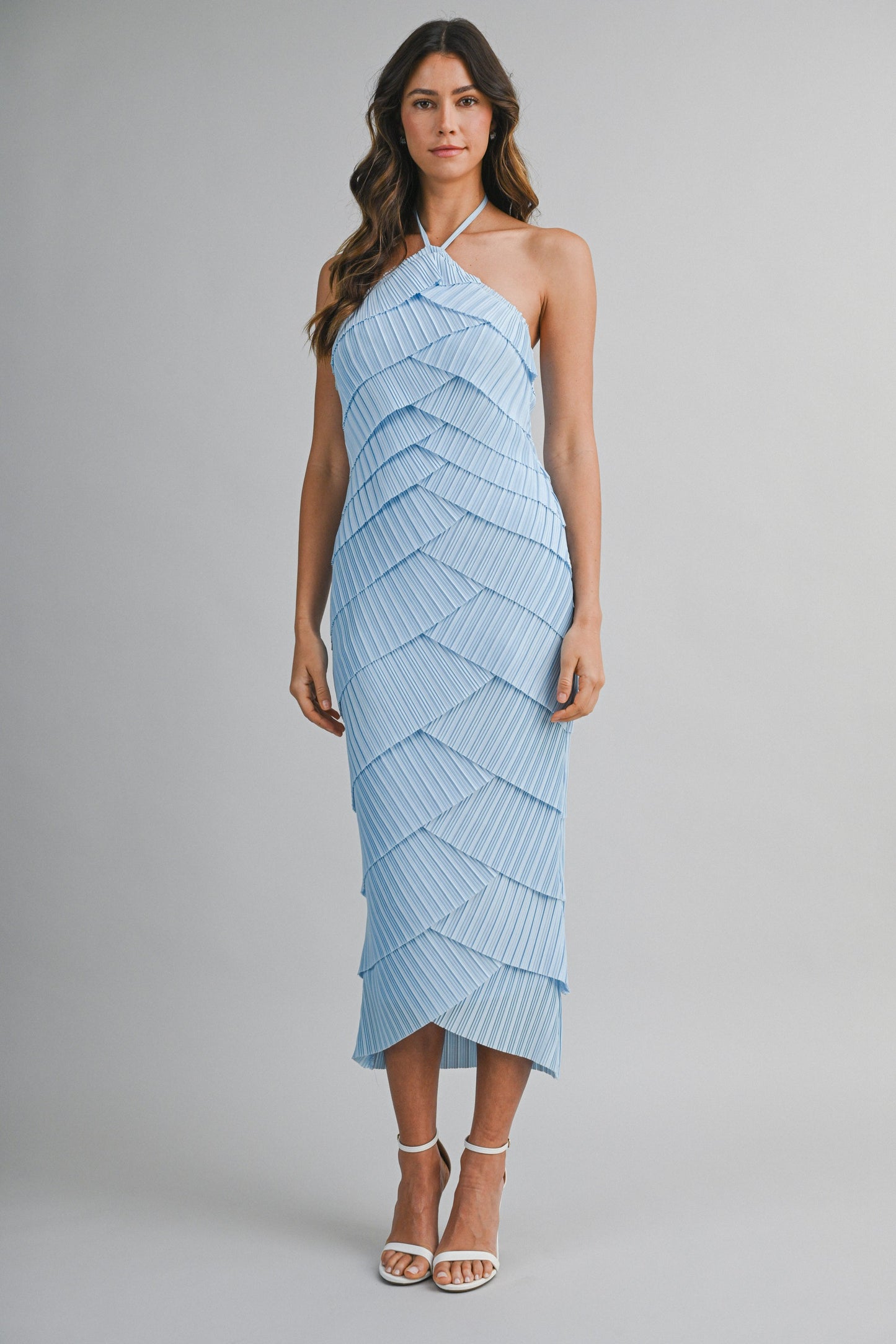 Pleated Strap Halter Neck Midi Dress