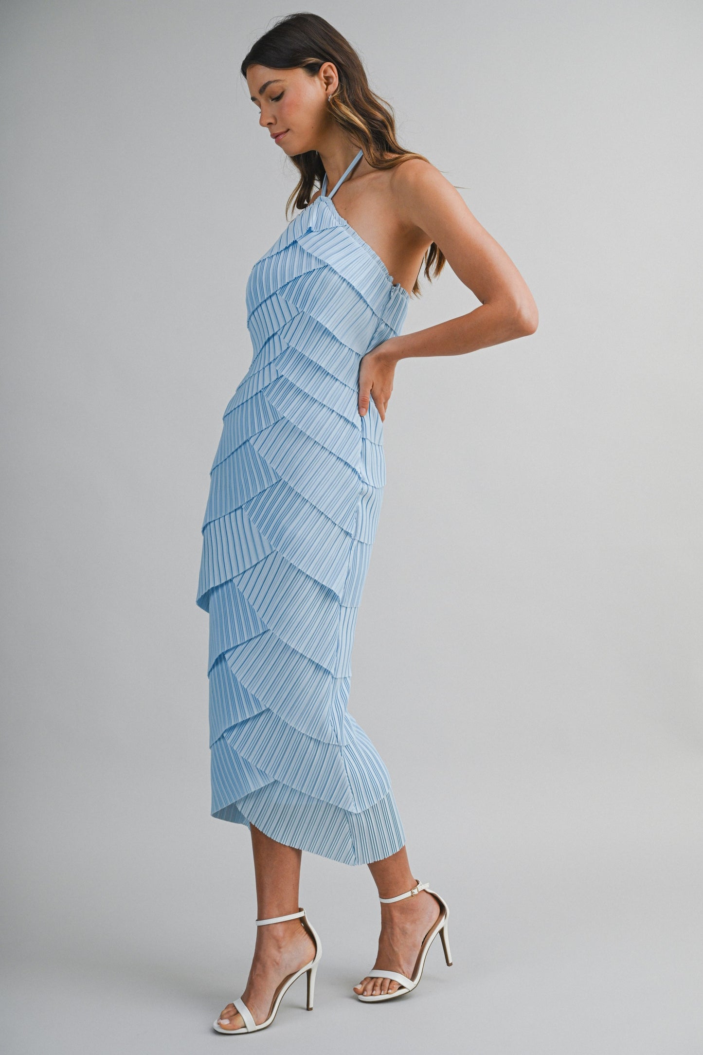Pleated Strap Halter Neck Midi Dress