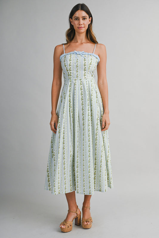 Floral Stripe Print Ruffle Trim Neckline Bow Midi Dress