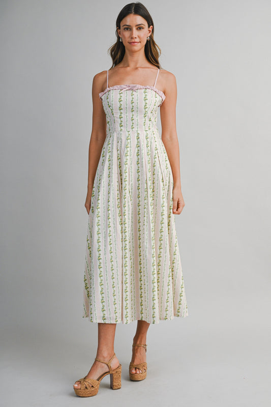 Floral Stripe Print Ruffle Trim Neckline Bow Midi Dress