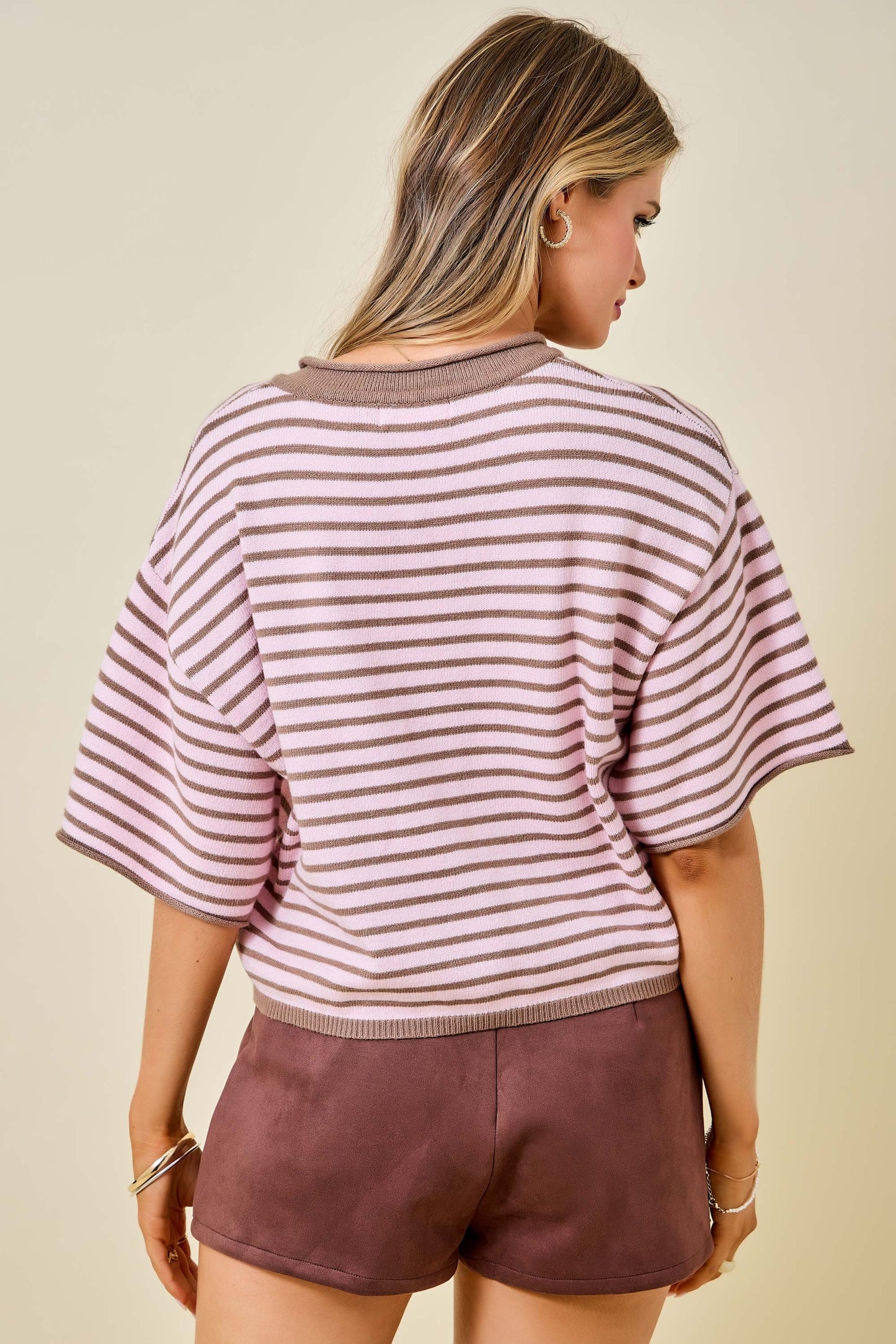 Striped Short Sleeve Henley Knit Top With Dropped Shoulders