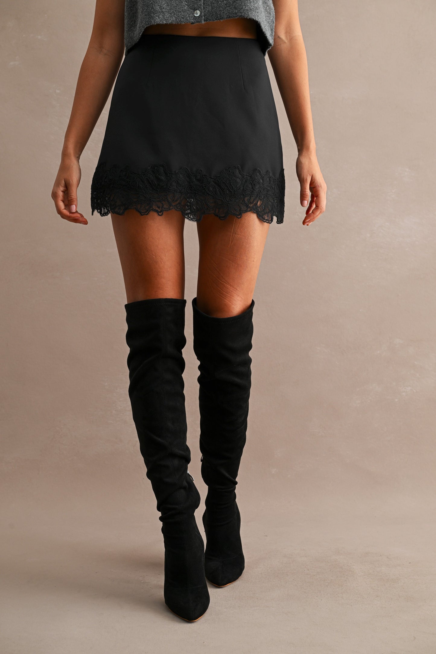 Solid Mini Skort With Floral Lace Trim Hem Detail