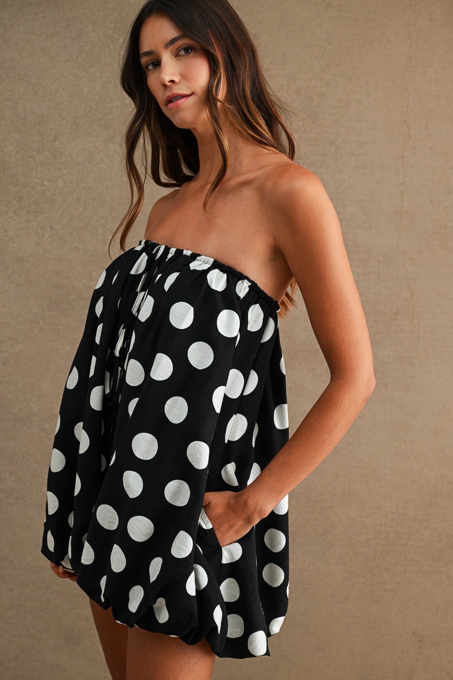 Polka Dot Print Strapless Bubble Hem Tube Romper