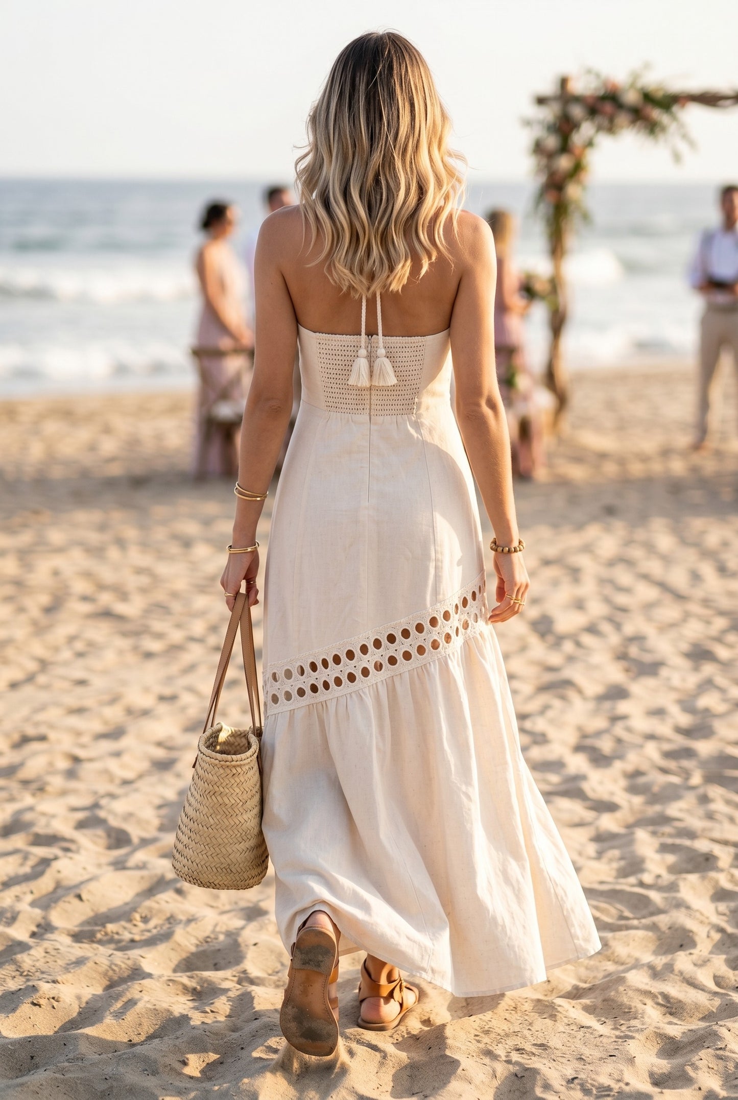 Cutwork Lace Trimmed Halter Neckline Maxi Dress