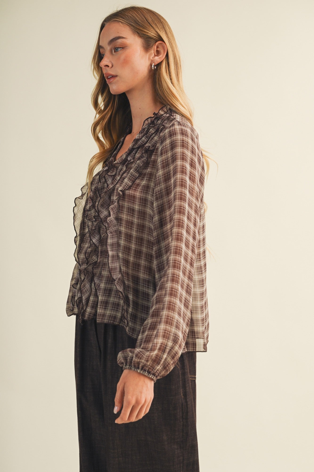 Ruffle Cascade Plaid Georgette Blouse