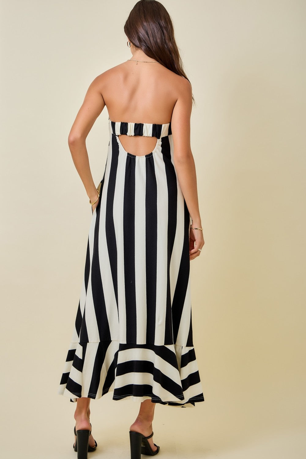 Strapless Mixed Stripe Maxi Dress With Flared Ruffle Hem