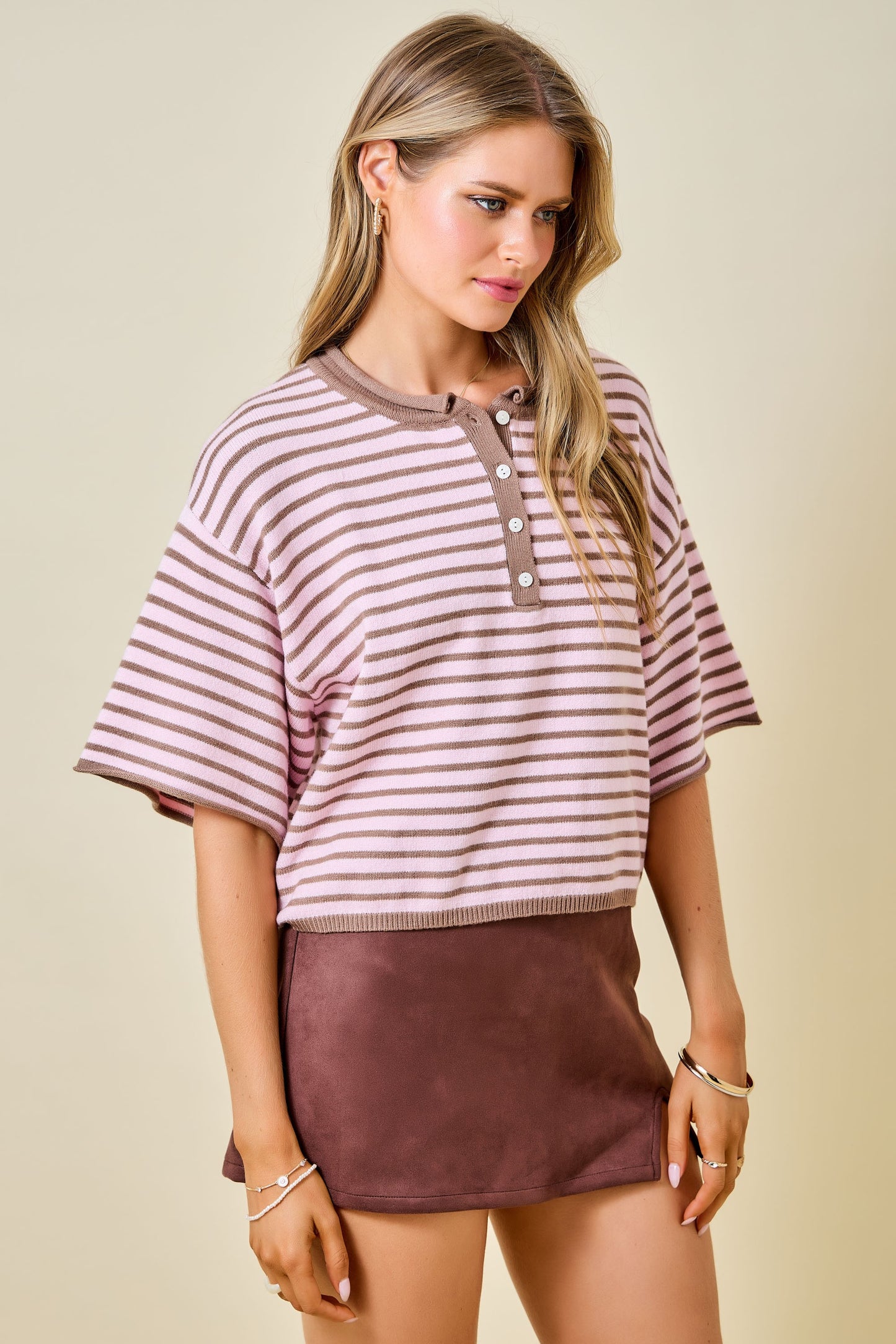 Striped Short Sleeve Henley Knit Top With Dropped Shoulders